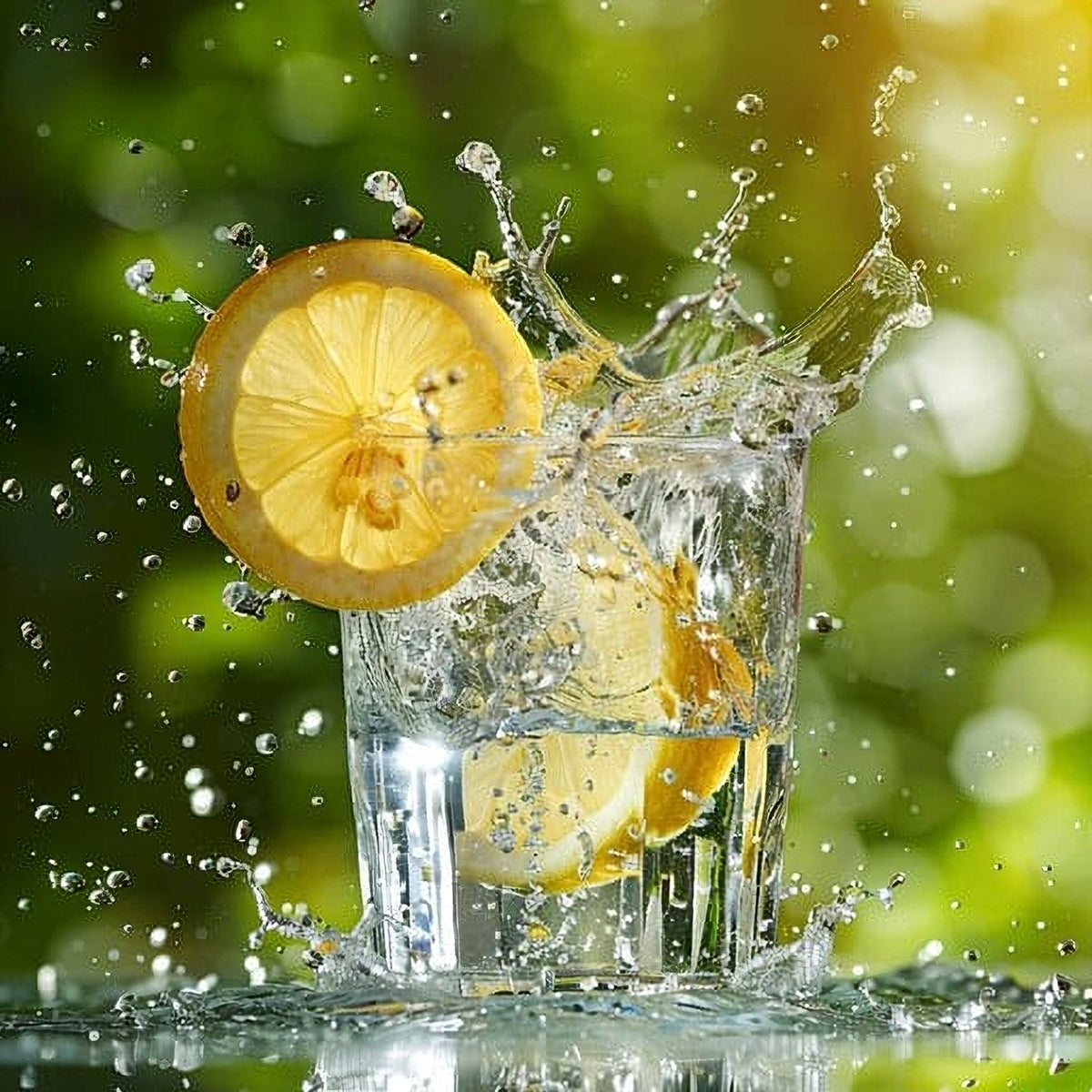 Glass of water with lemon slices and splashes against a green blurred background