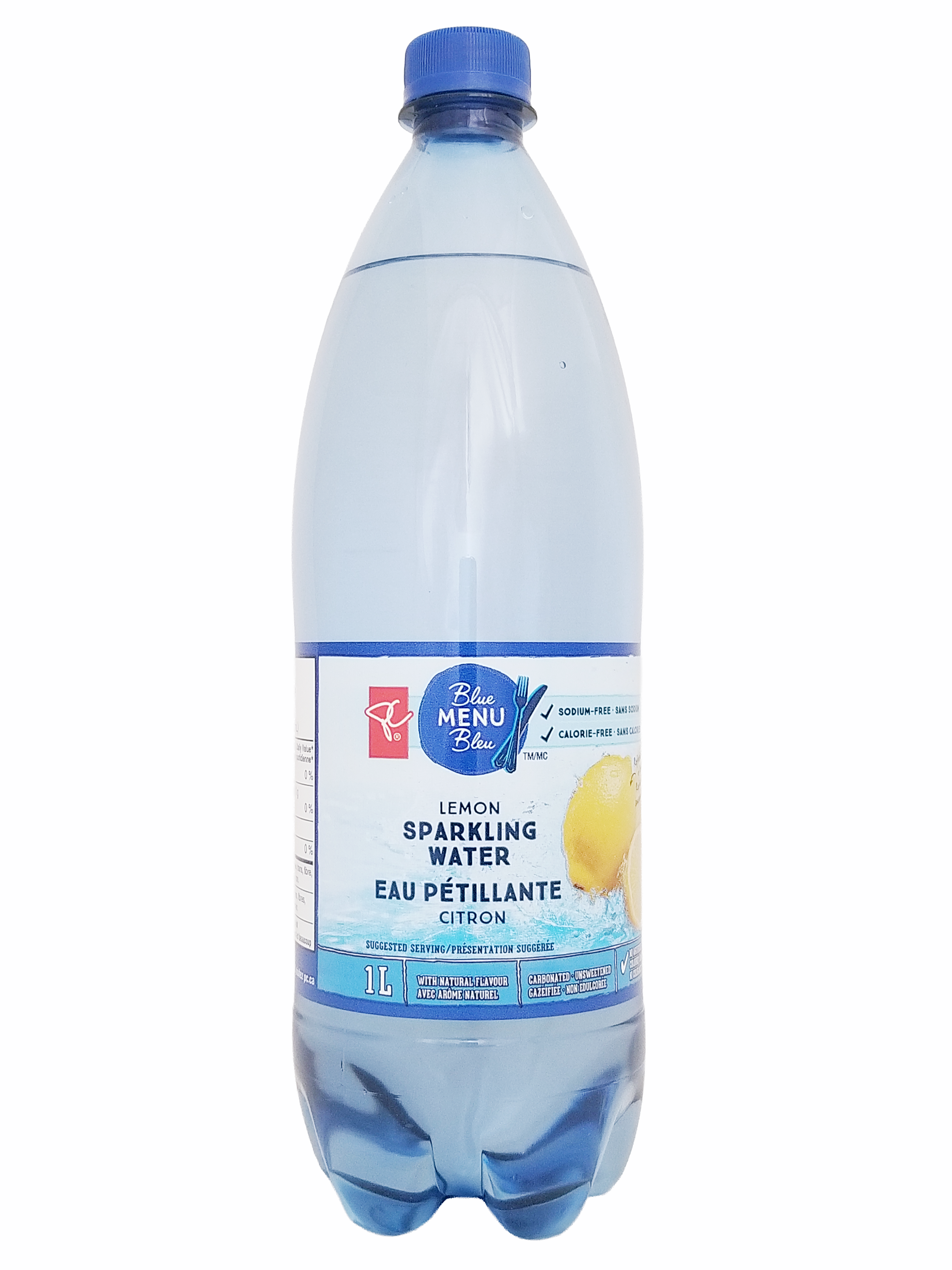 Bottle of PC Blue Menu Unsweetened Lemon Flavored Sparkling Water, 1L/35.2 fl oz with a blue cap on a white background