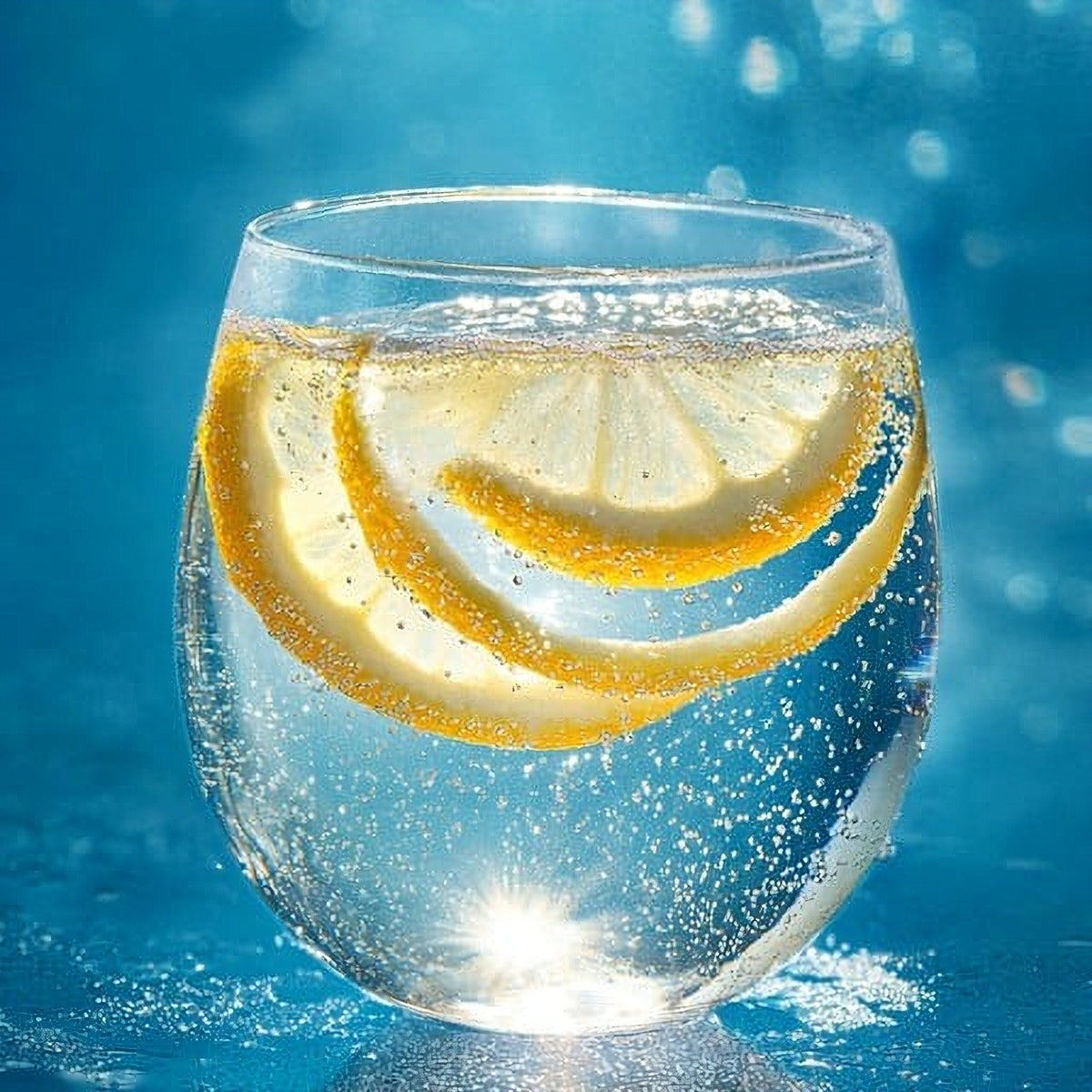 Glass of sparkling water with lemon slices against a blue background