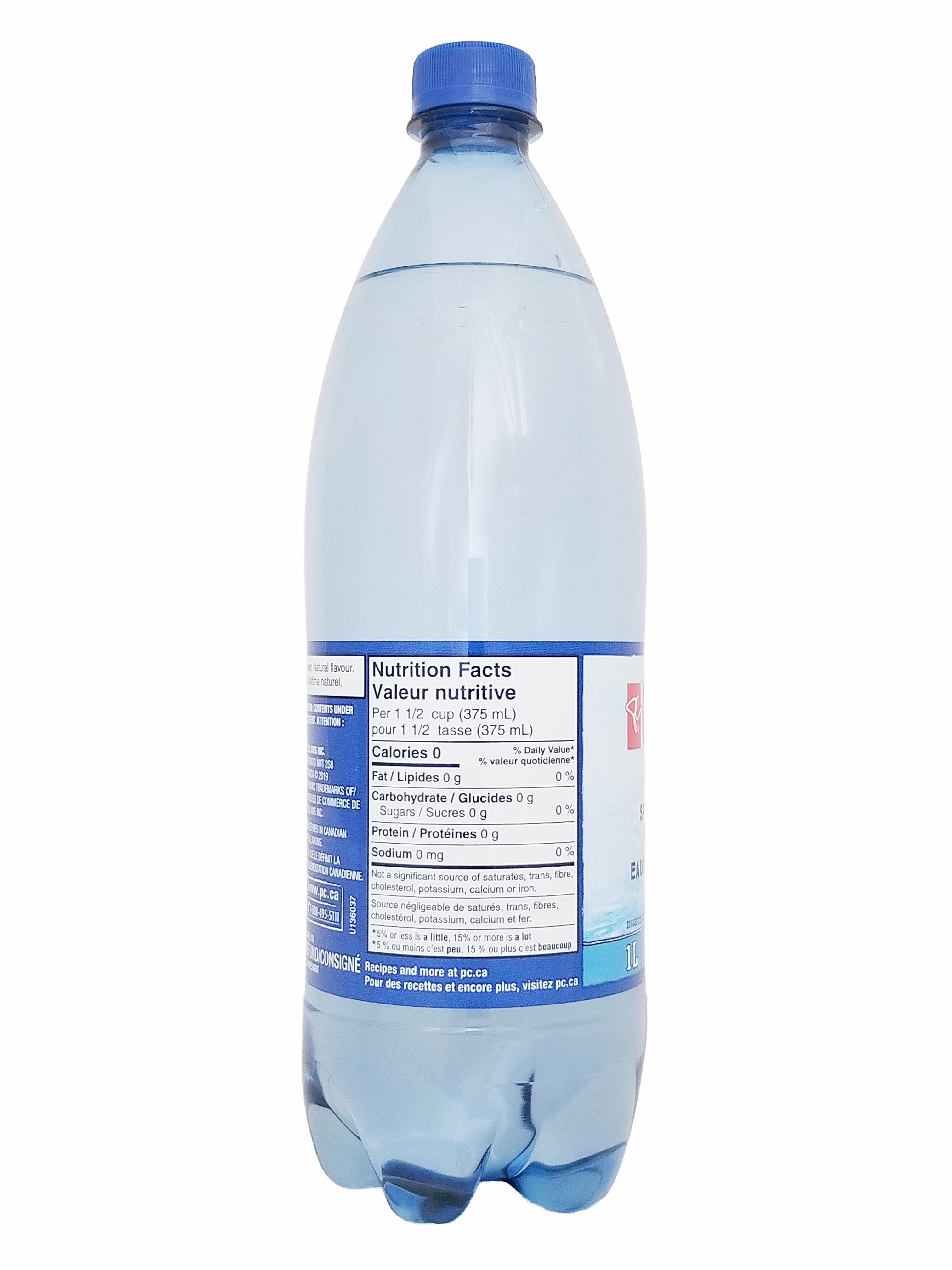 Bottle of PC Blue Menu Unsweetened Lemon Flavored Sparkling Water, 1L/35.2 fl oz with blue cap on a white background