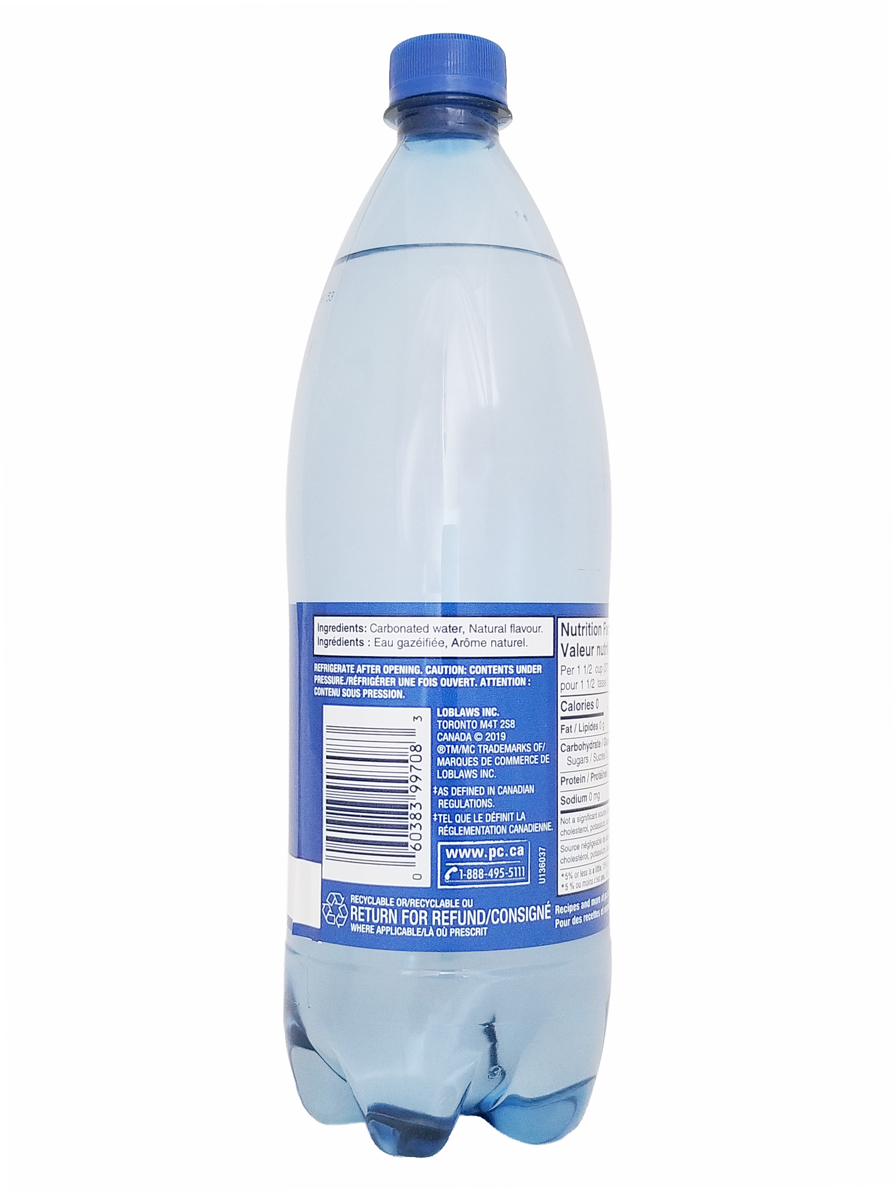 Clear plastic bottle of PC Blue Menu Unsweetened Lemon Flavored Sparkling Water, 1L/35.2 fl oz with blue cap and label on a white background