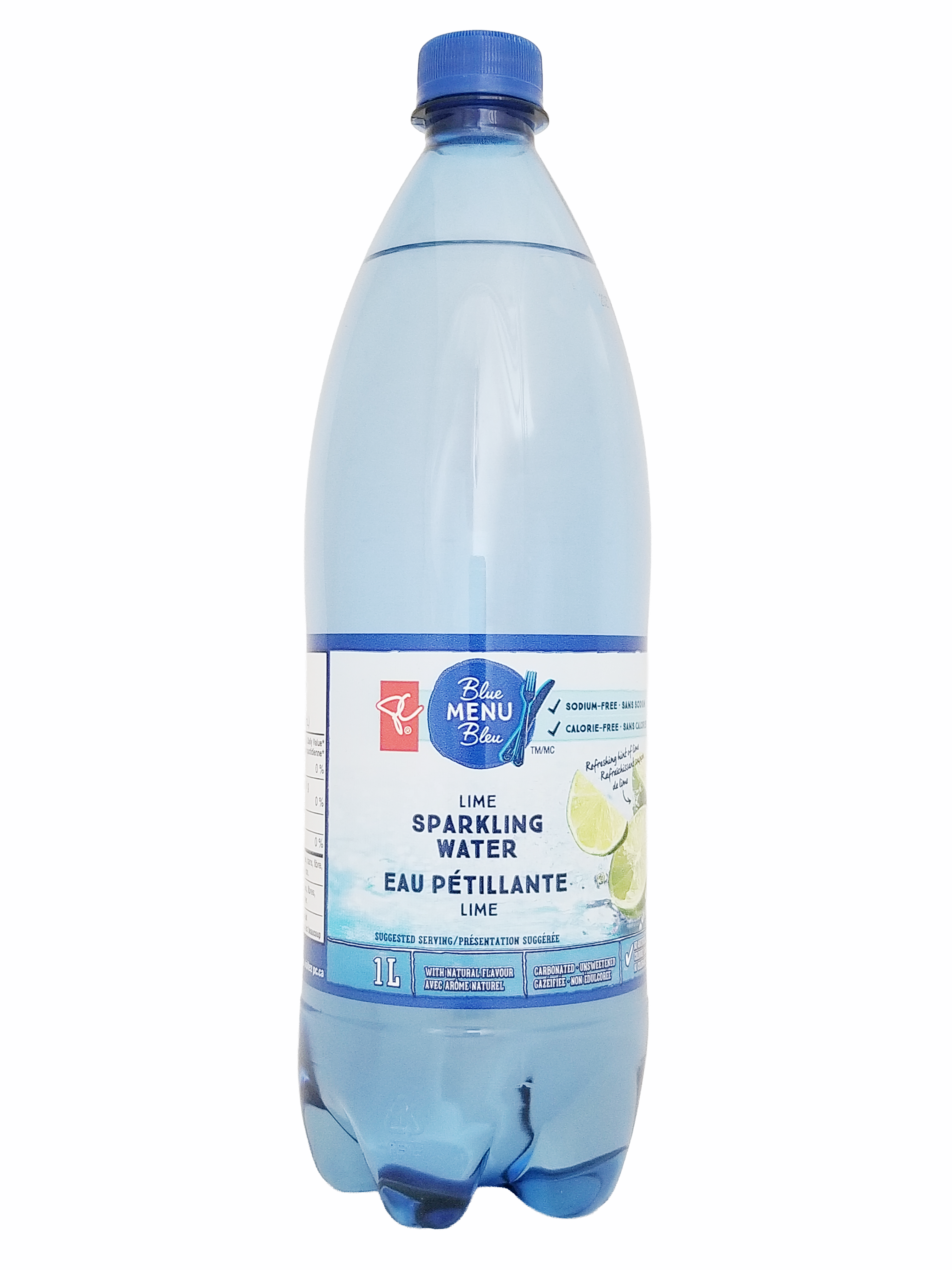 Bottle of PC Blue Menu Unsweetened Lime Flavored Sparkling Water, 1L/35.2 fl oz with a blue cap on a white background