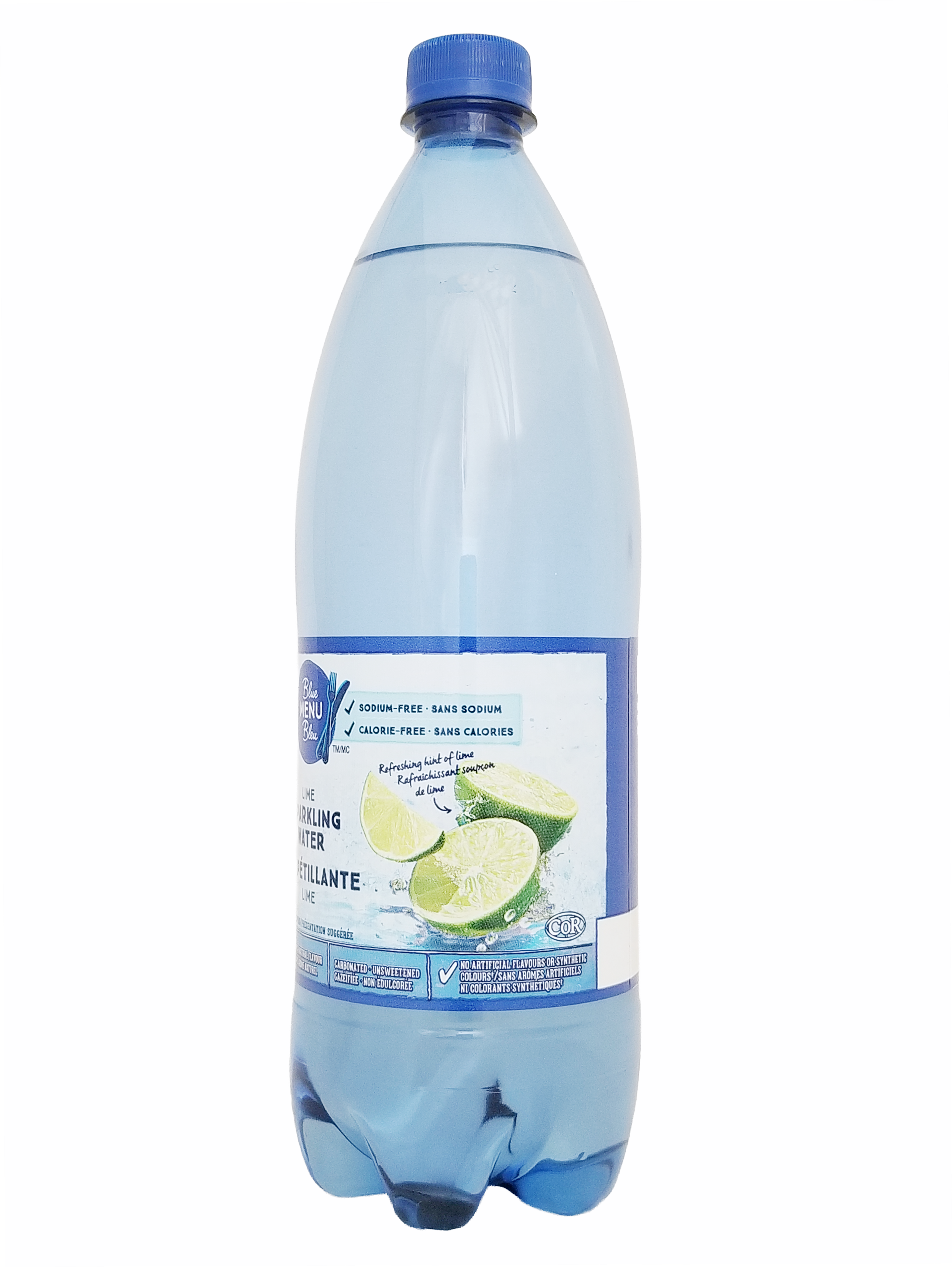 Bottle of PC Blue Menu Unsweetened Lime Flavored Sparkling Water, 1L/35.2 fl oz with lime slices on a white background