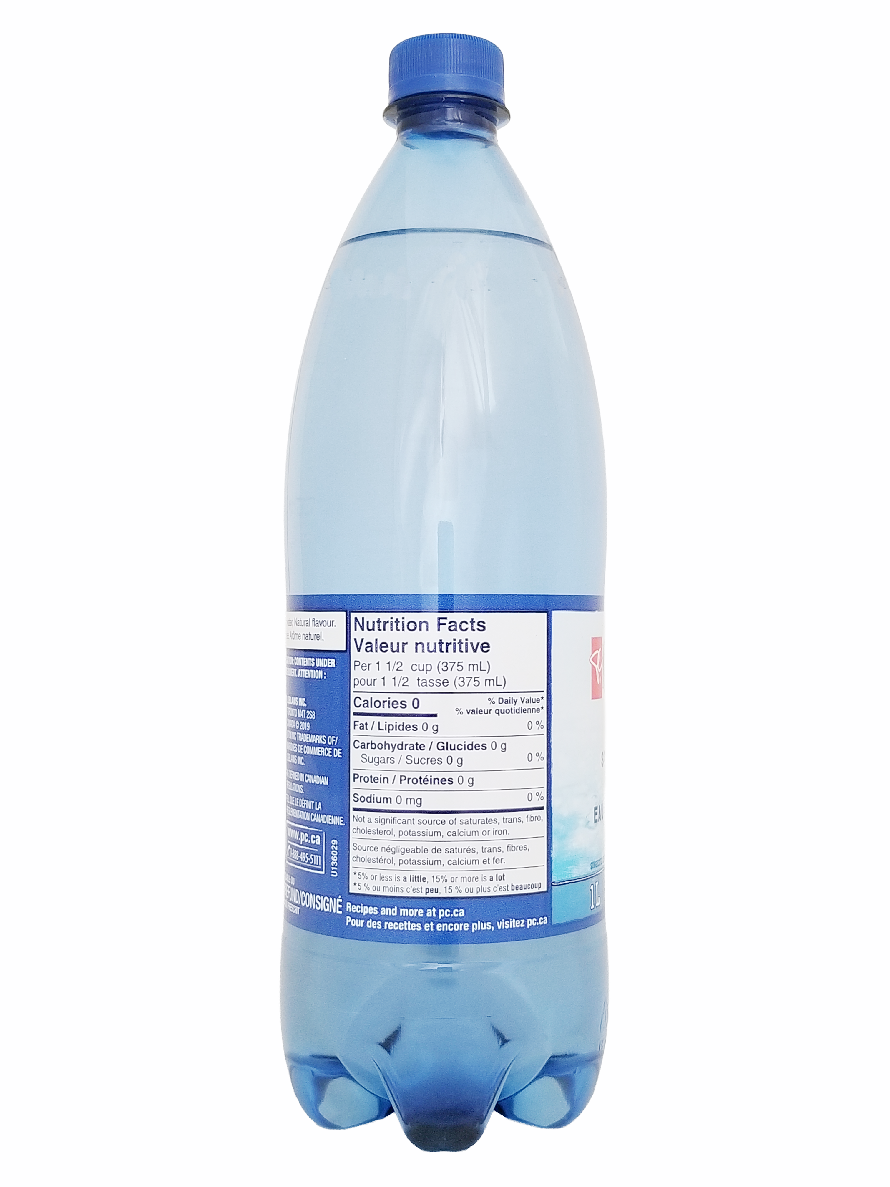 Blue bottle of PC Blue Menu Unsweetened Lime Flavored Sparkling Water, 1L/35.2 fl oz with nutritional facts label on a white background