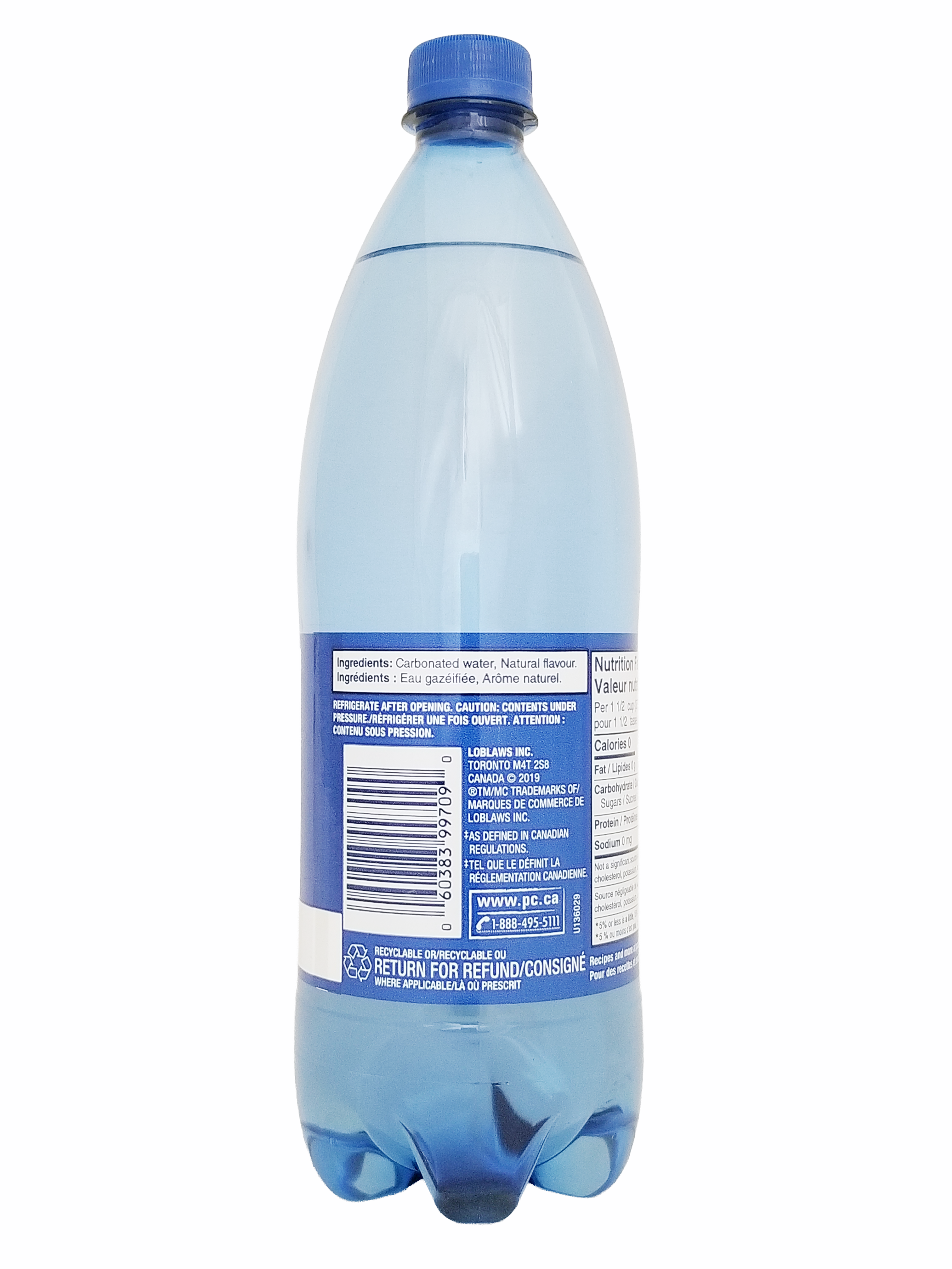 Blue plastic bottle of PC Blue Menu Unsweetened Lime Flavored Sparkling Water, 1L/35.2 fl oz on a white background