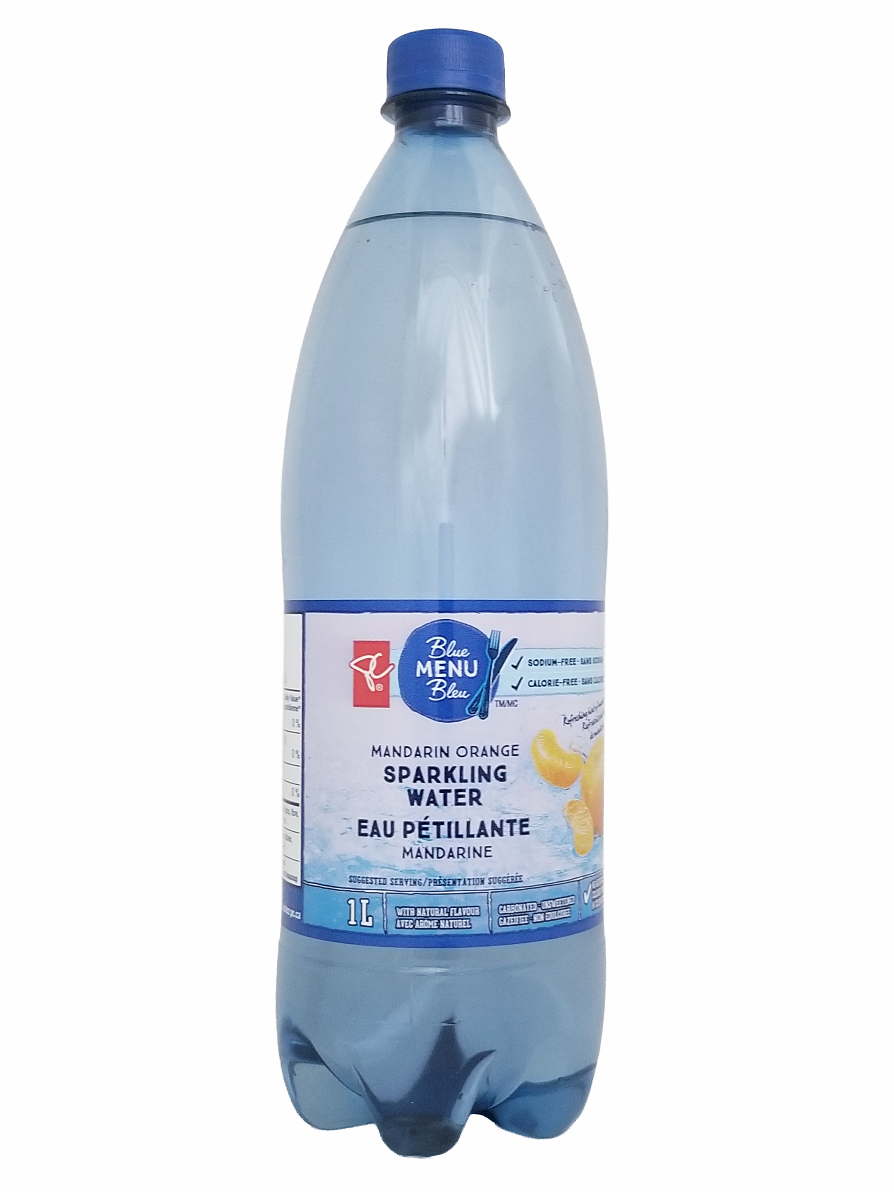 Blue bottle of PC Blue Menu Mandarin Orange Flavored Sparkling Water, 1L/35.2 fl oz with a label on a white background