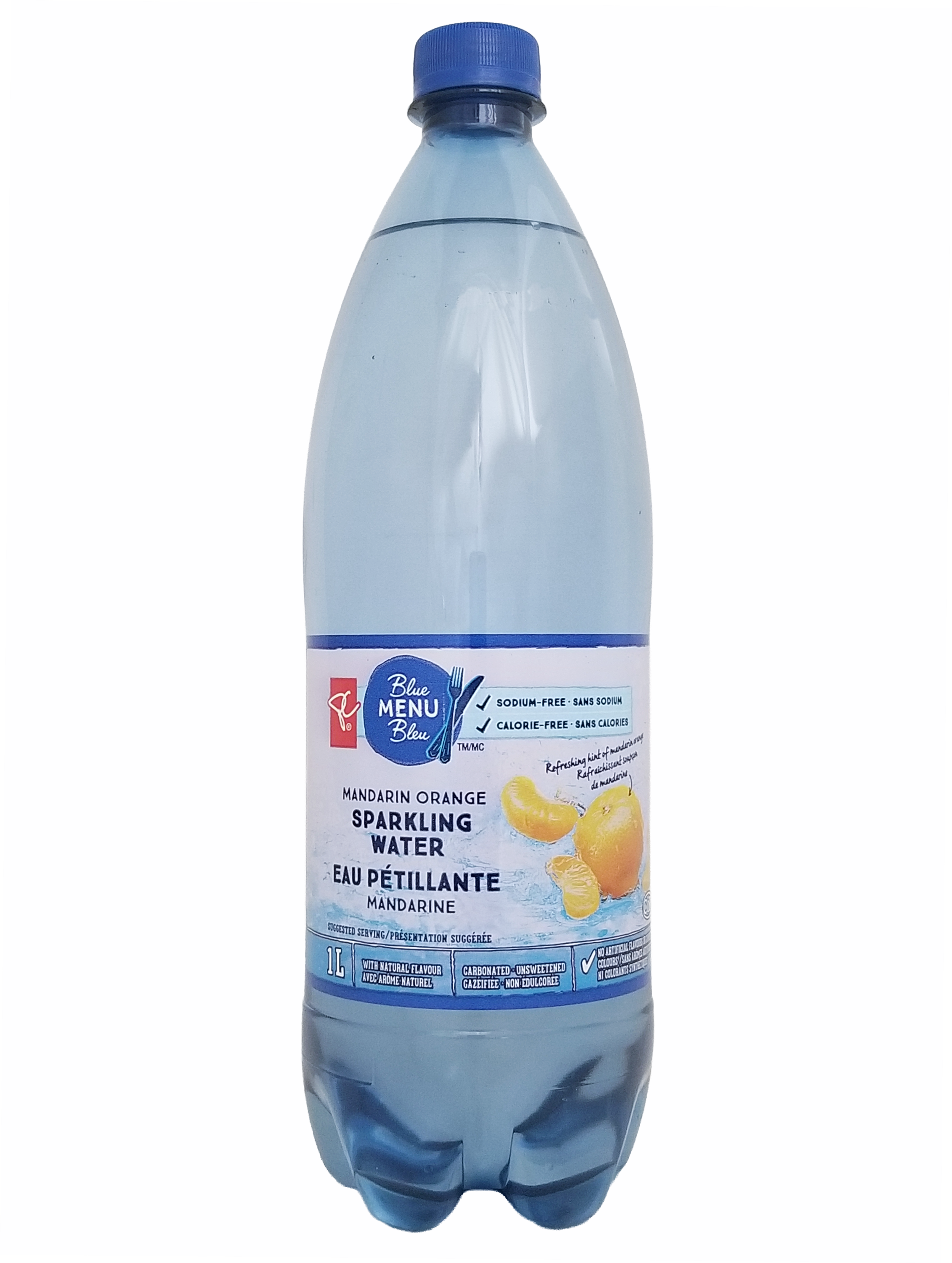 Bottle of PC Blue Menu Mandarin Orange Flavored Sparkling Water, 1L/35.2 fl oz with a blue cap on a white background