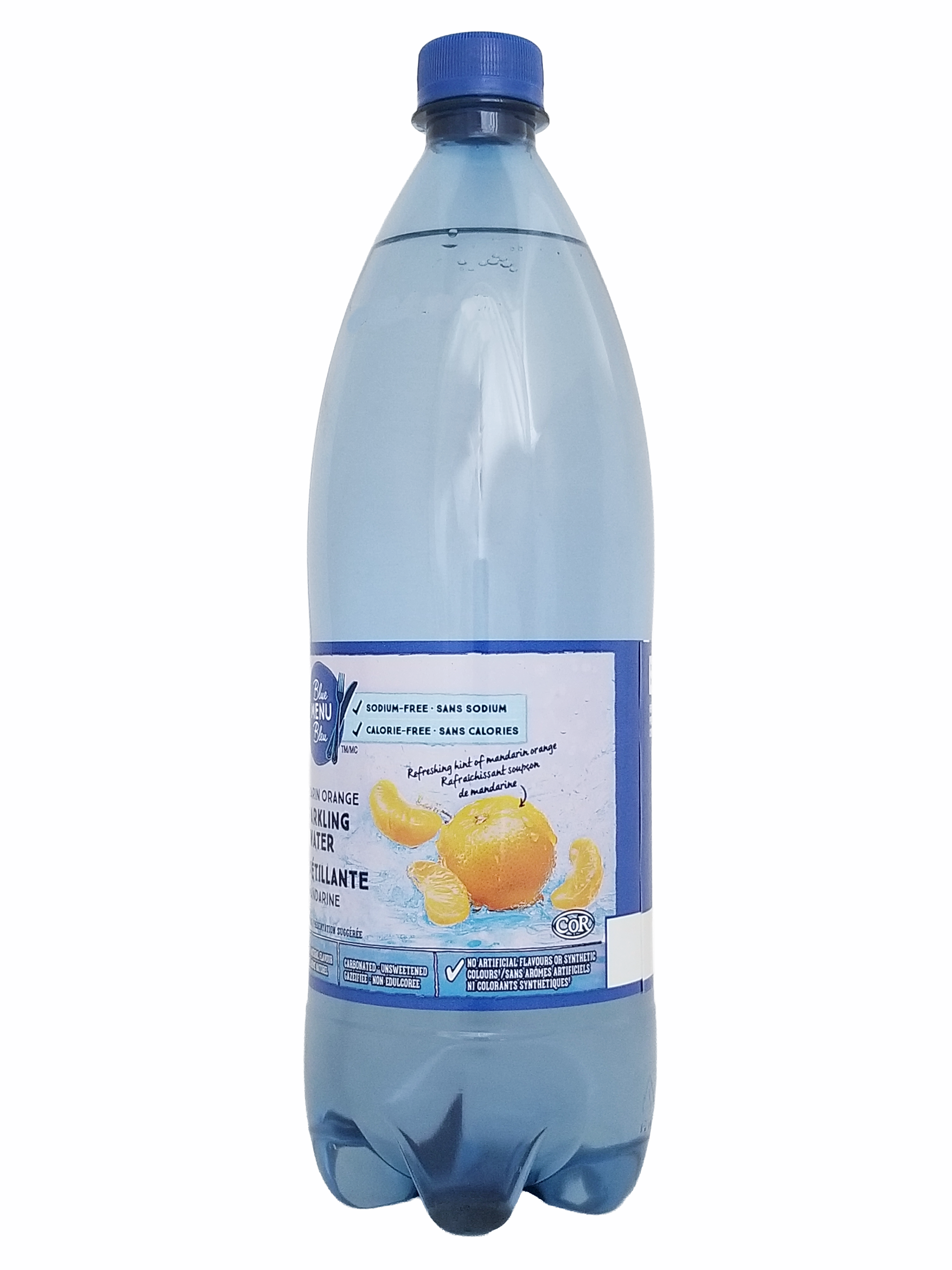 Bottle of PC Blue Menu Mandarin Orange Flavored Sparkling Water, 1L/35.2 fl oz with a blue cap on a white background