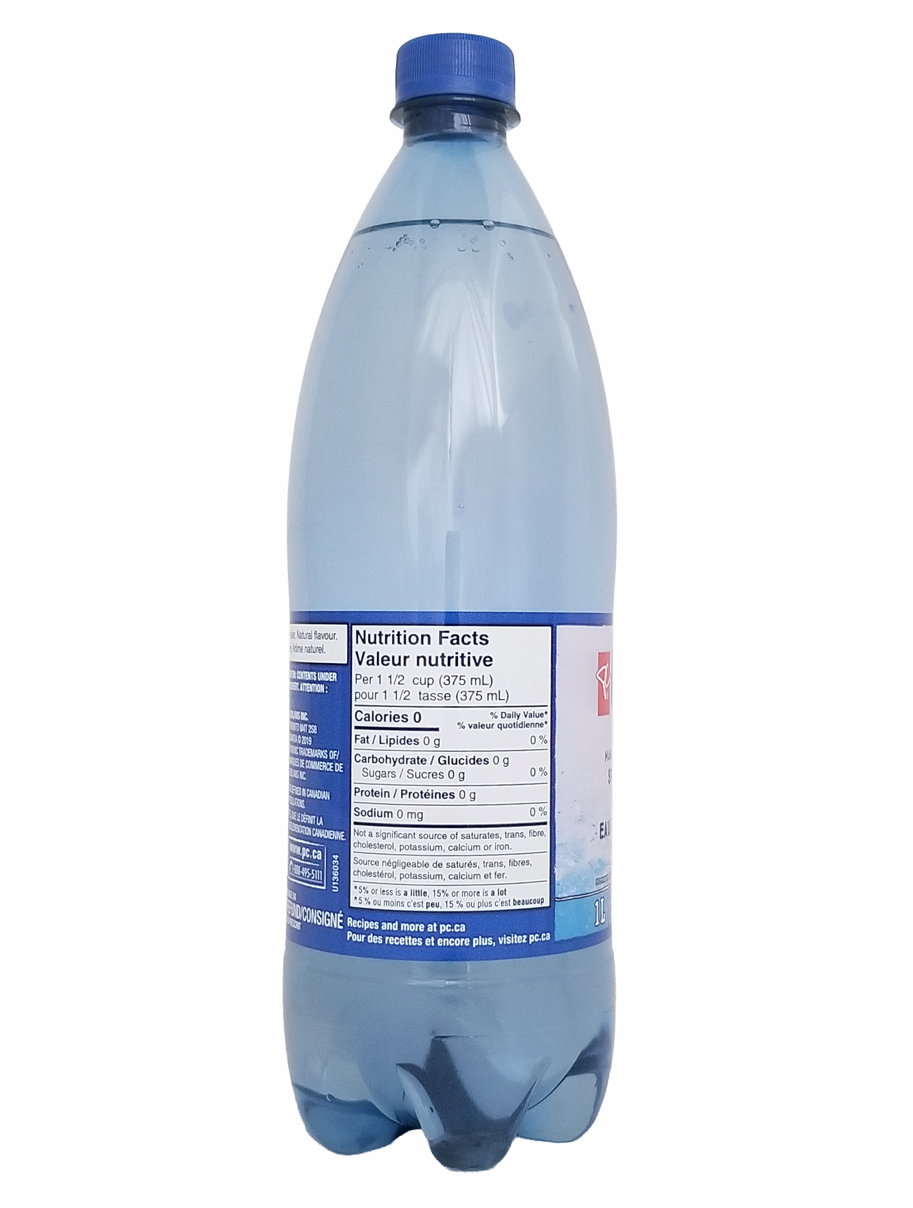 Bottle of PC Blue Menu Mandarin Orange Flavored Sparkling Water, 1L/35.2 fl oz with a blue label on a white background