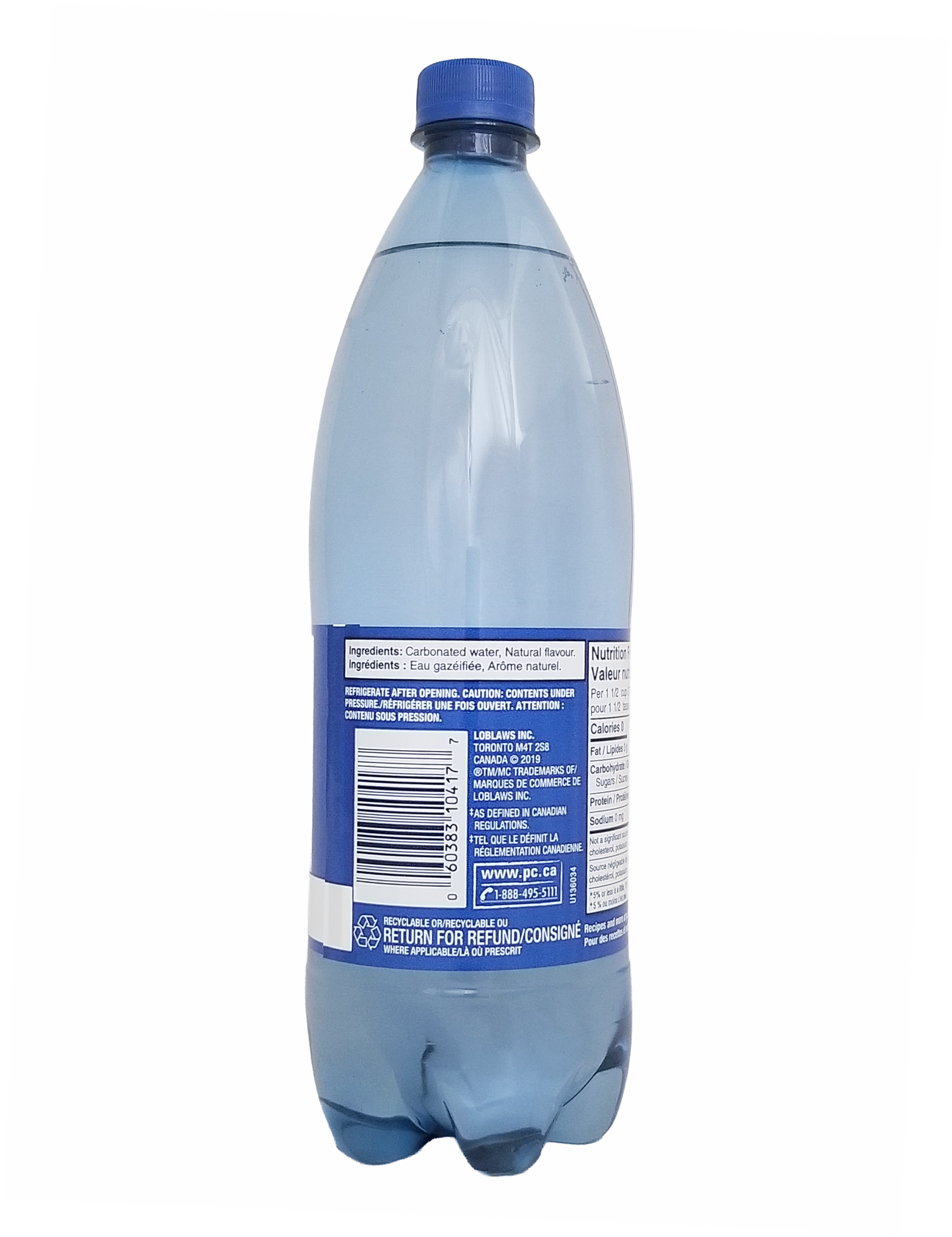 Clear plastic bottle of PC Blue Menu Mandarin Orange Flavored Sparkling Water, 1L/35.2 fl oz with blue cap on a white background