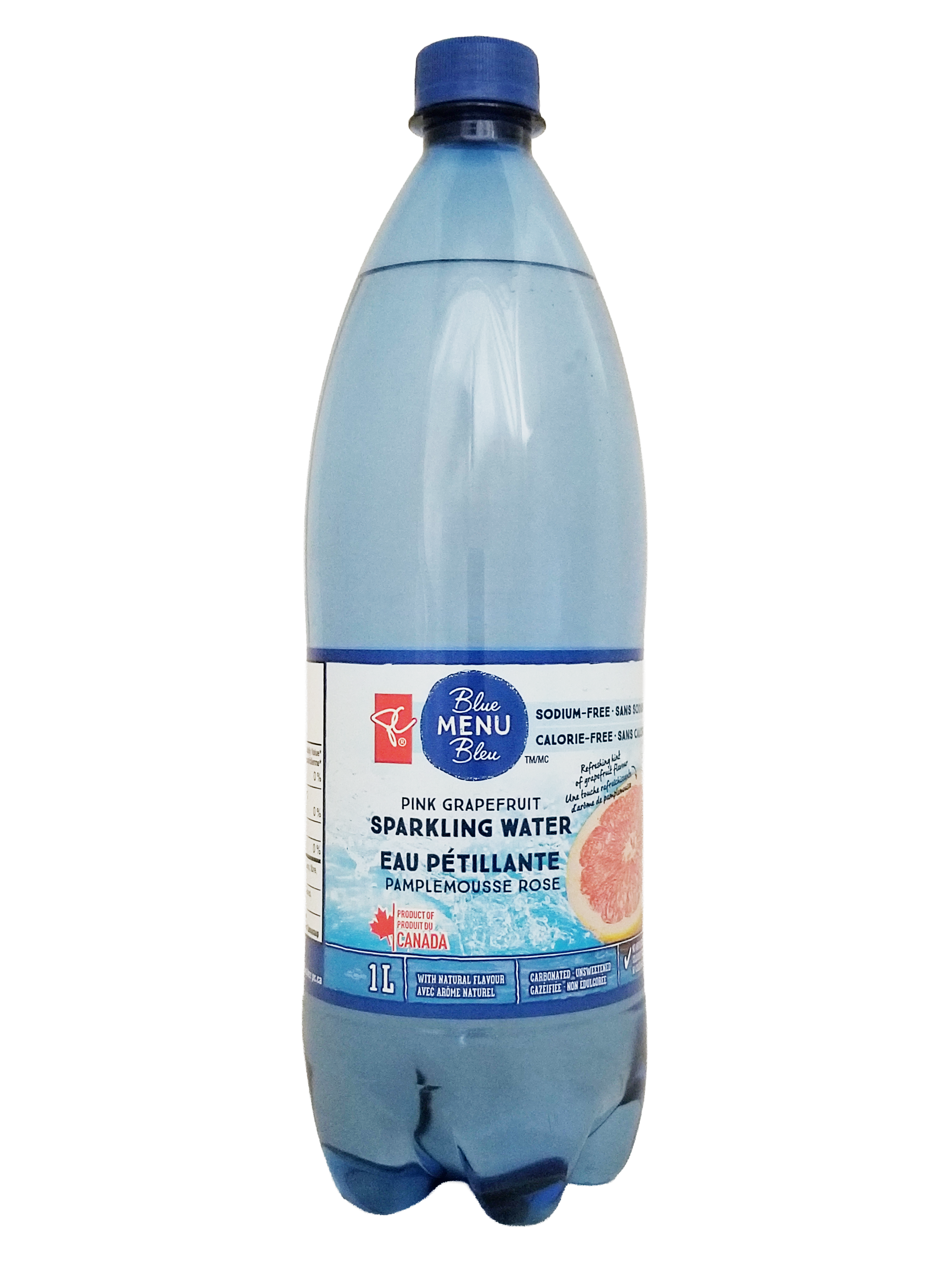 Bottle of PC Blue Menu Pink Grapefruit Flavored Sparkling Water, 1L/35.2 fl oz on a white background