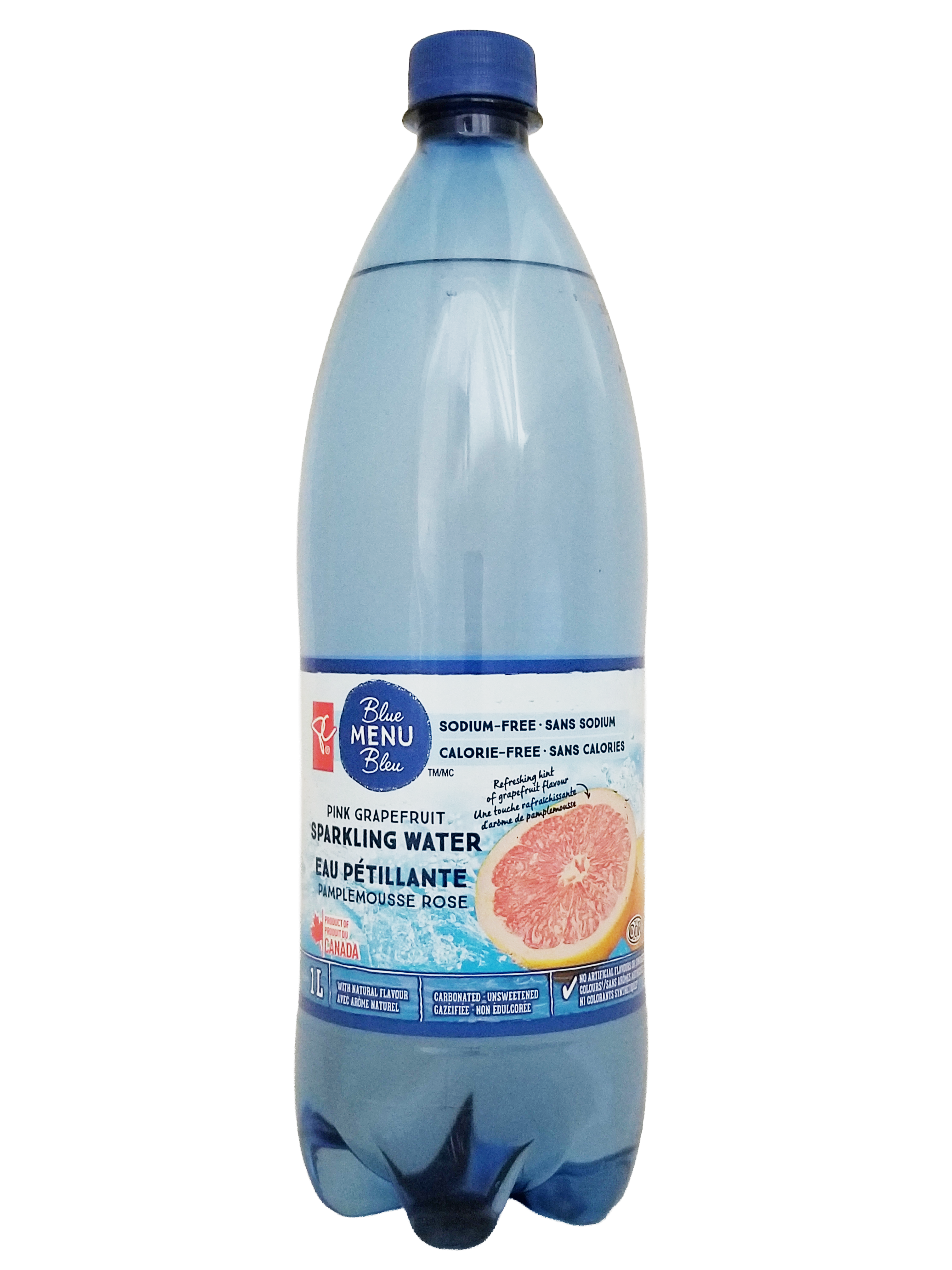 Bottle of PC Blue Menu Pink Grapefruit Flavored Sparkling Water, 1L/35.2 fl oz on a white background