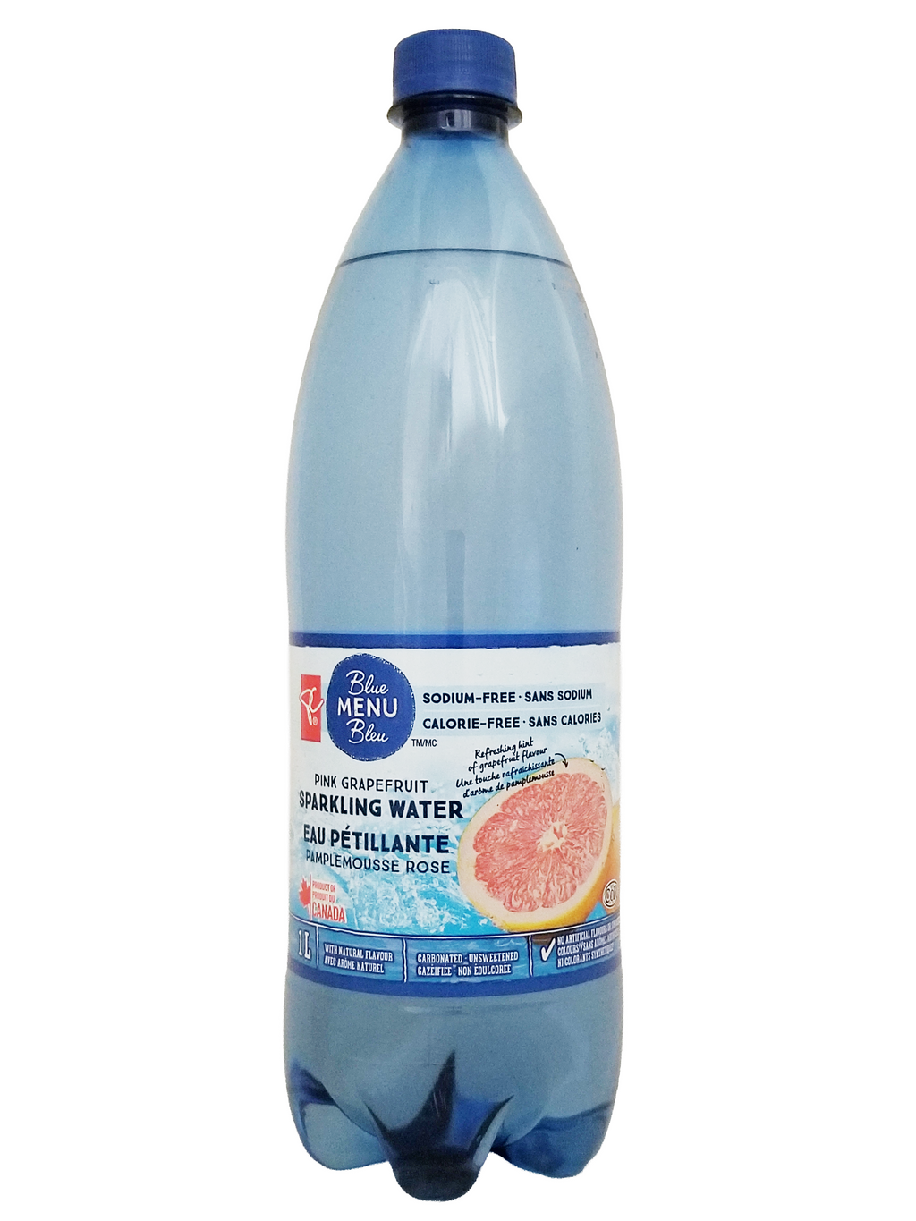 Bottle of PC Blue Menu Pink Grapefruit Flavored Sparkling Water, 1L/35.2 fl oz on a white background
