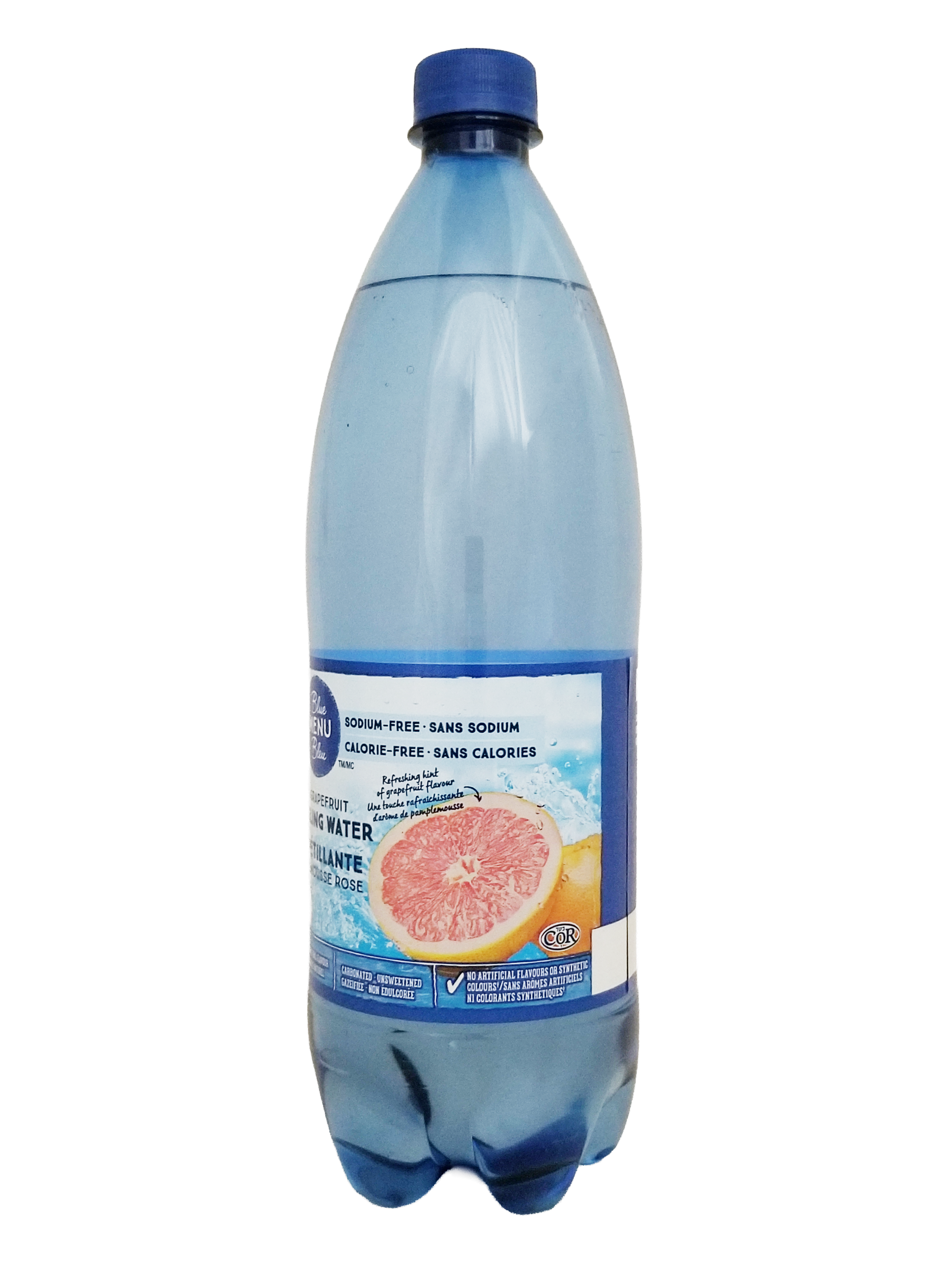 Bottle of PC Blue Menu Pink Grapefruit Flavored Sparkling Water, 1L/35.2 fl oz on a white background