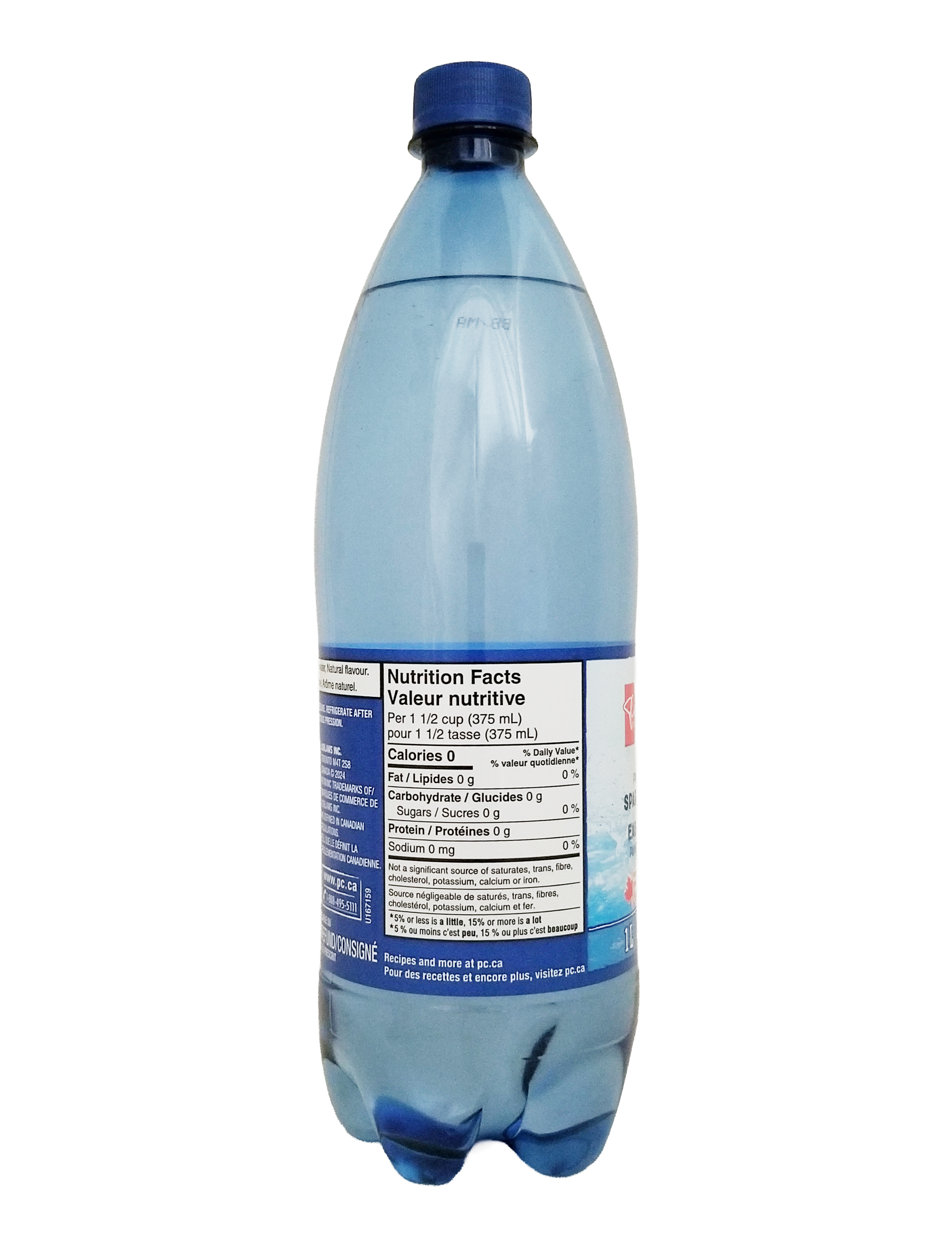 Blue bottle of PC Blue Menu Pink Grapefruit Flavored Sparkling Water, 1L/35.2 fl oz on a white background