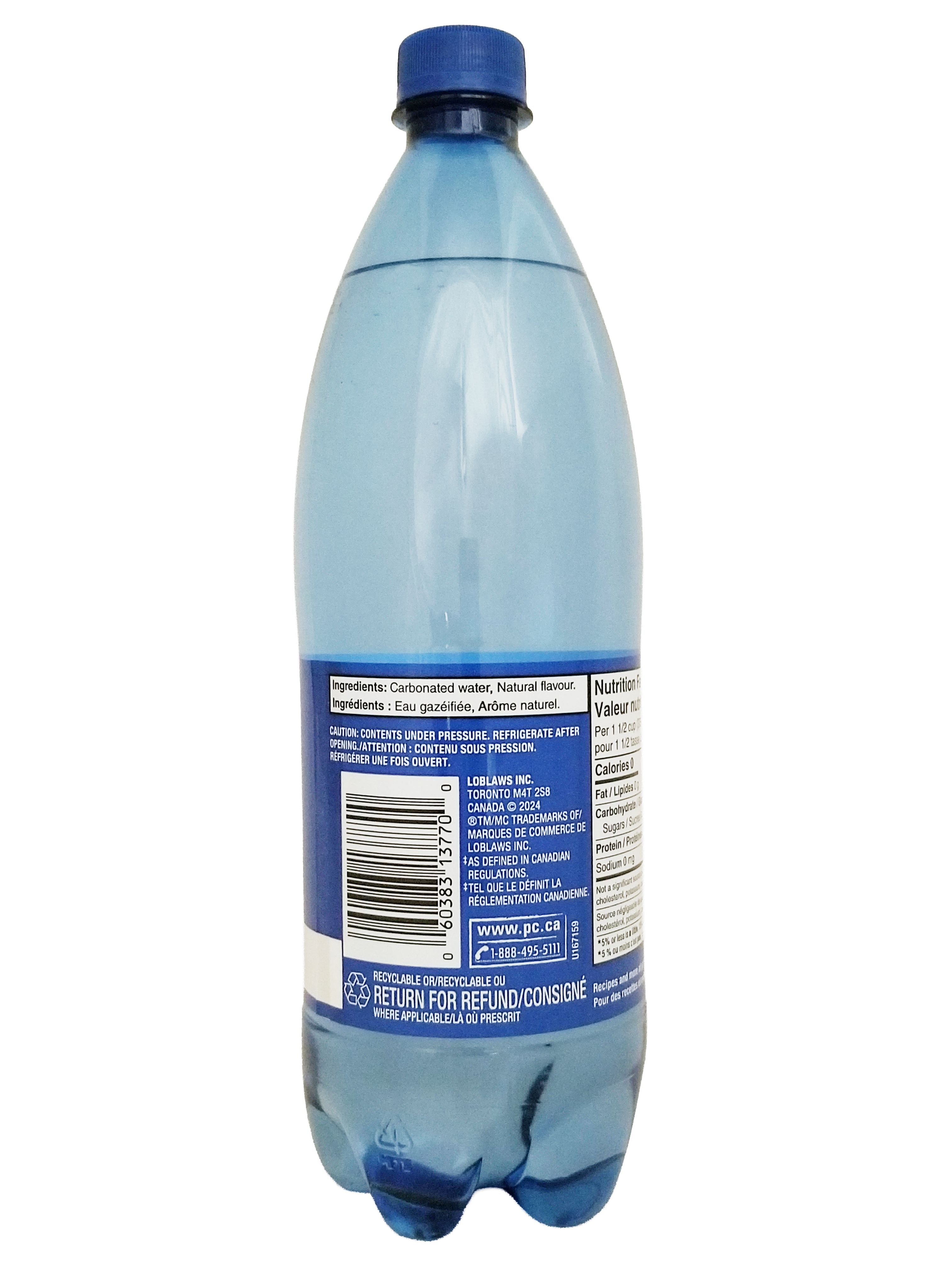 Plastic bottle with blue cap and label of PC Blue Menu Pink Grapefruit Flavored Sparkling Water, 1L/35.2 fl oz on a white background