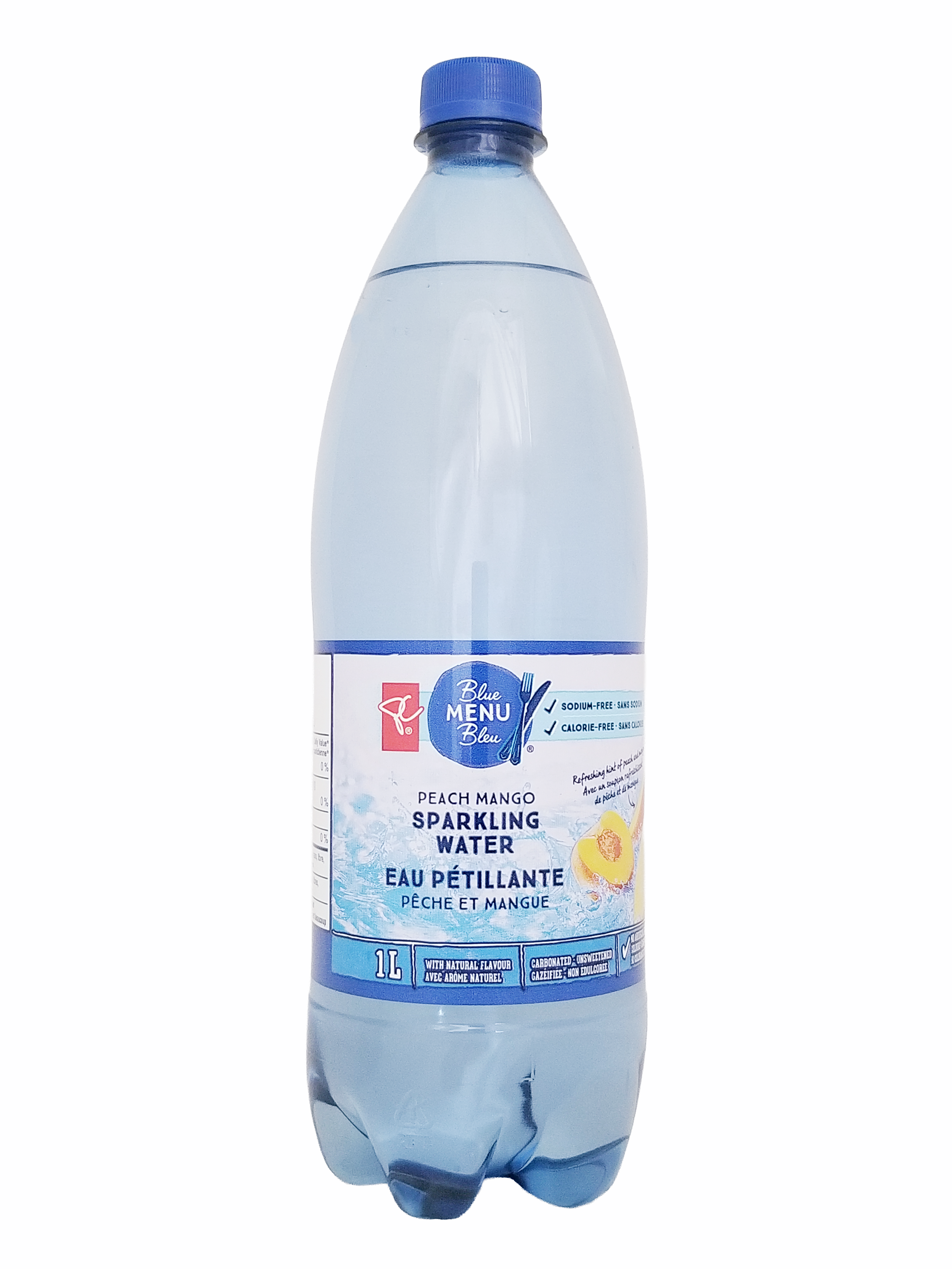 Bottle of PC Blue Menu Peach Mango Flavored Sparkling Water, 1L/35.2 fl oz with a blue cap on a white background