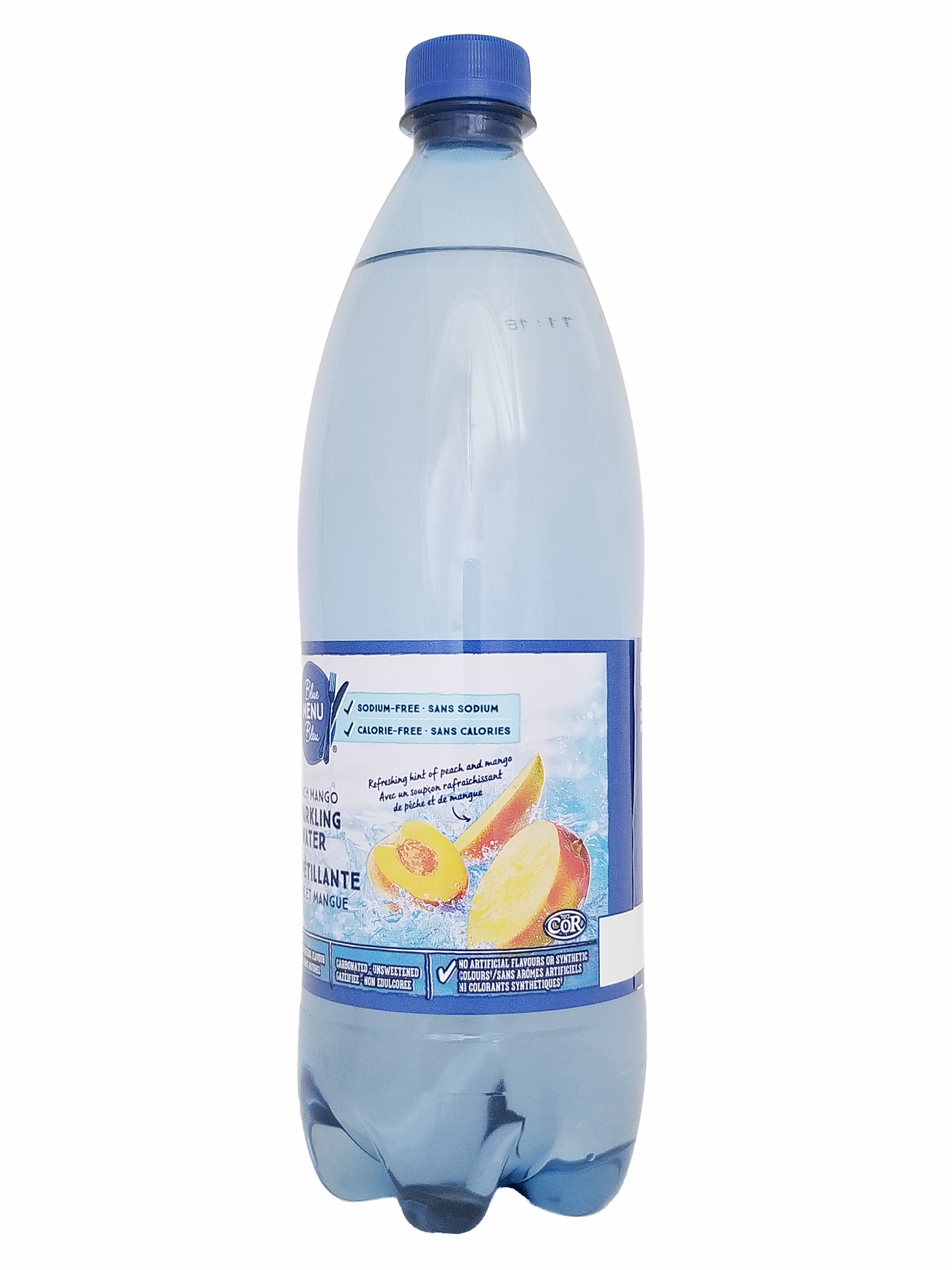 Bottle of PC Blue Menu Peach Mango Flavored Sparkling Water, 1L/35.2 fl oz with a blue cap and label on a white background