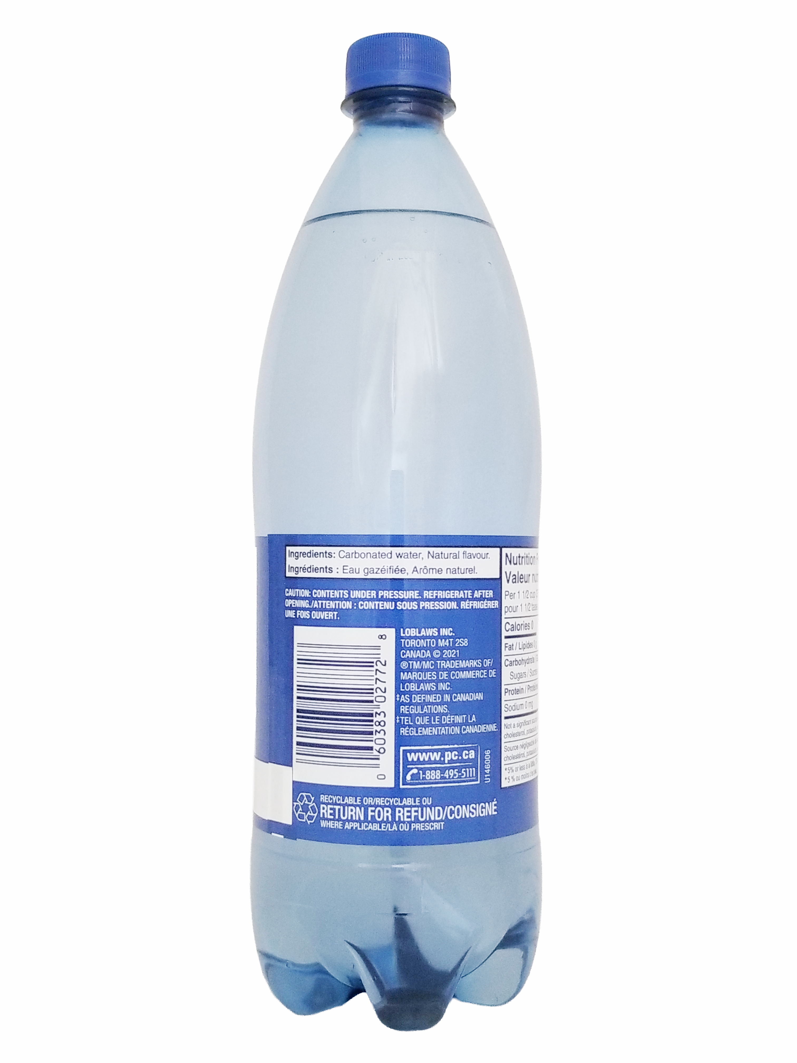 Bottle of PC Blue Menu Peach Mango Flavored Sparkling Water, 1L/35.2 fl oz with blue cap and label on a white background