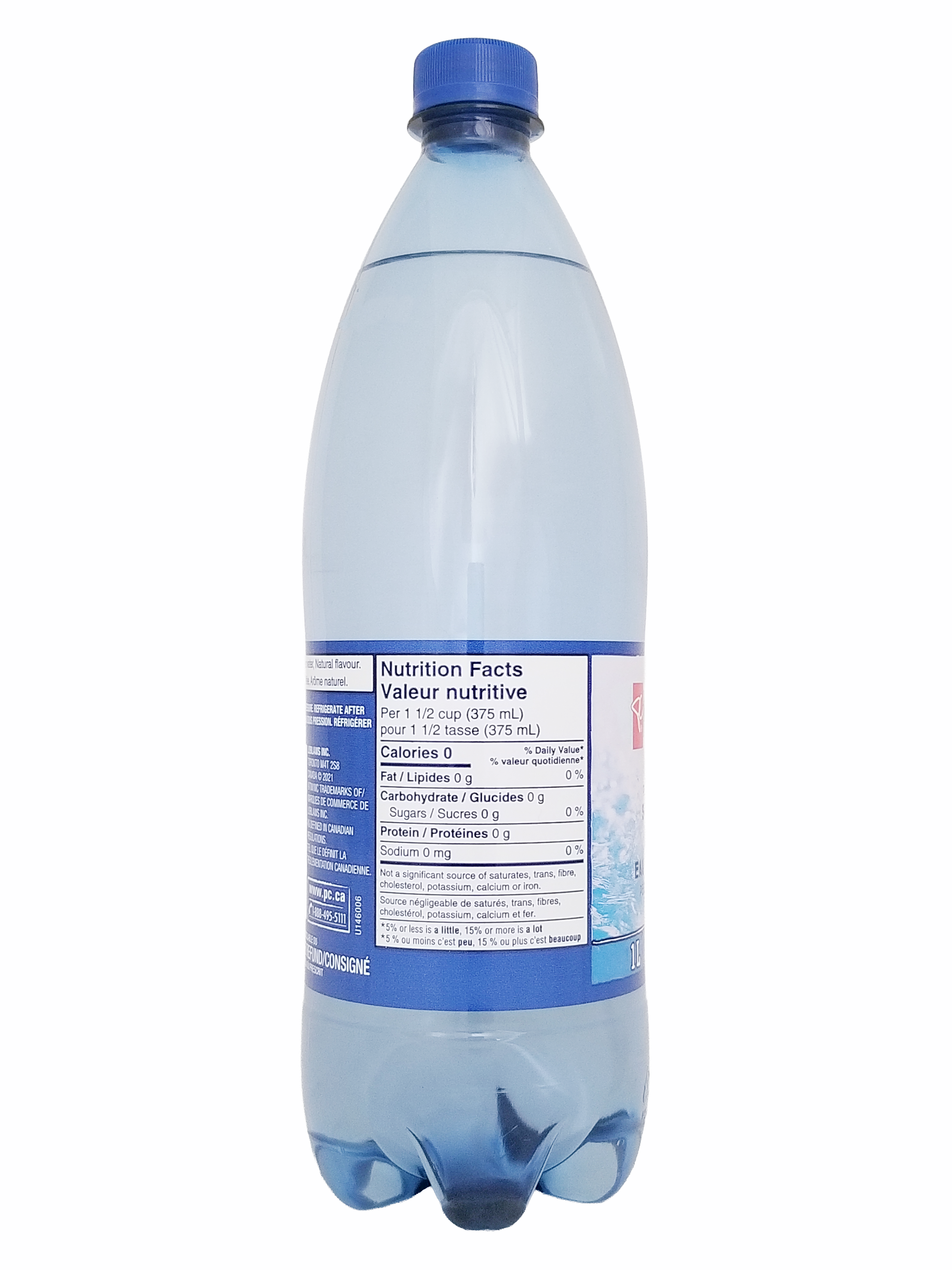 Bottle of PC Blue Menu Peach Mango Flavored Sparkling Water, 1L/35.2 fl oz with a blue label on a white background