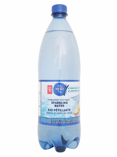 Bottle of PC Blue Menu Pineapple Coconut Flavored Sparkling Water, 1L/35.2 fl oz with a blue cap on a white background