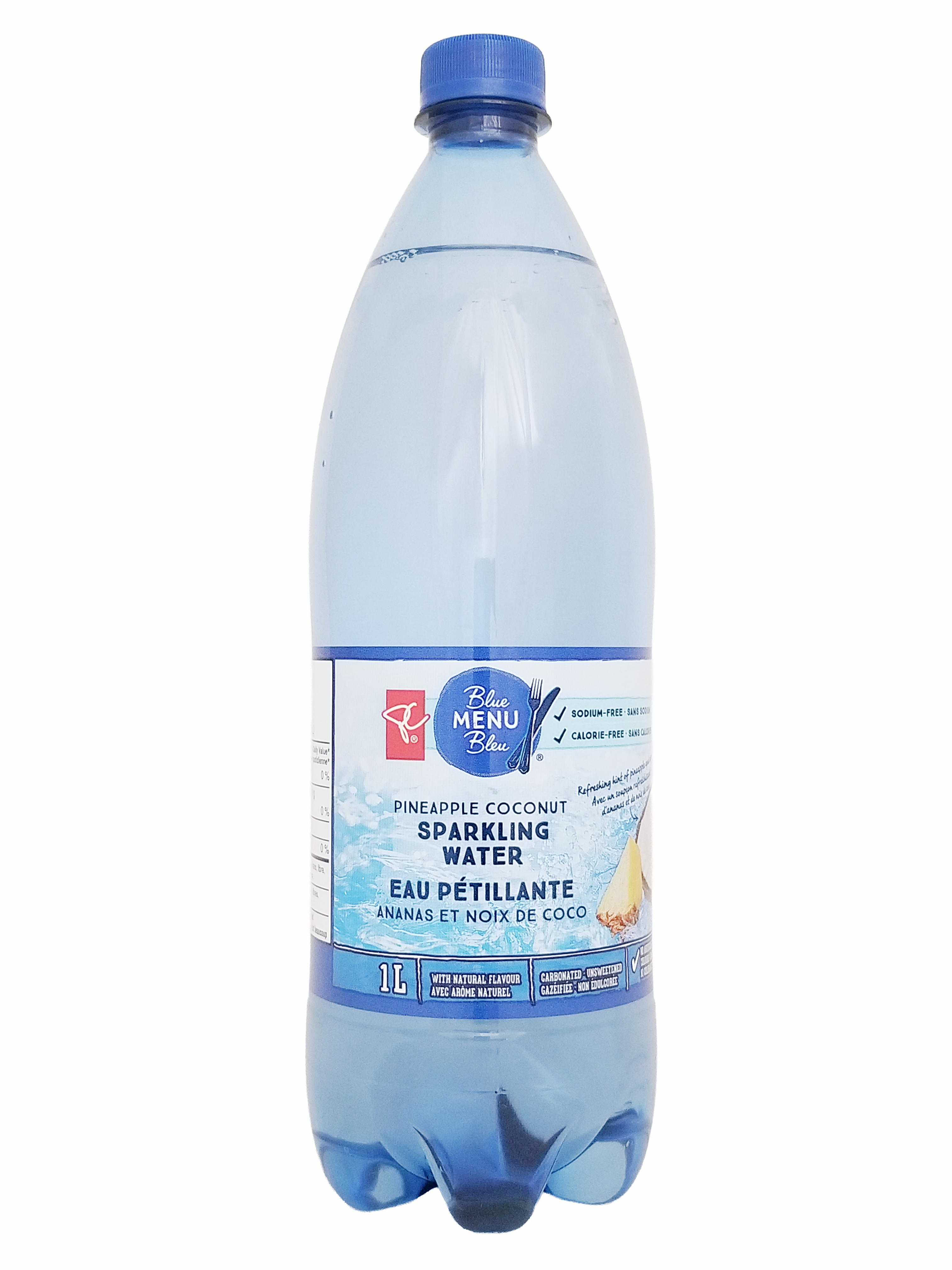 Bottle of PC Blue Menu Pineapple Coconut Flavored Sparkling Water, 1L/35.2 fl oz with a blue cap on a white background