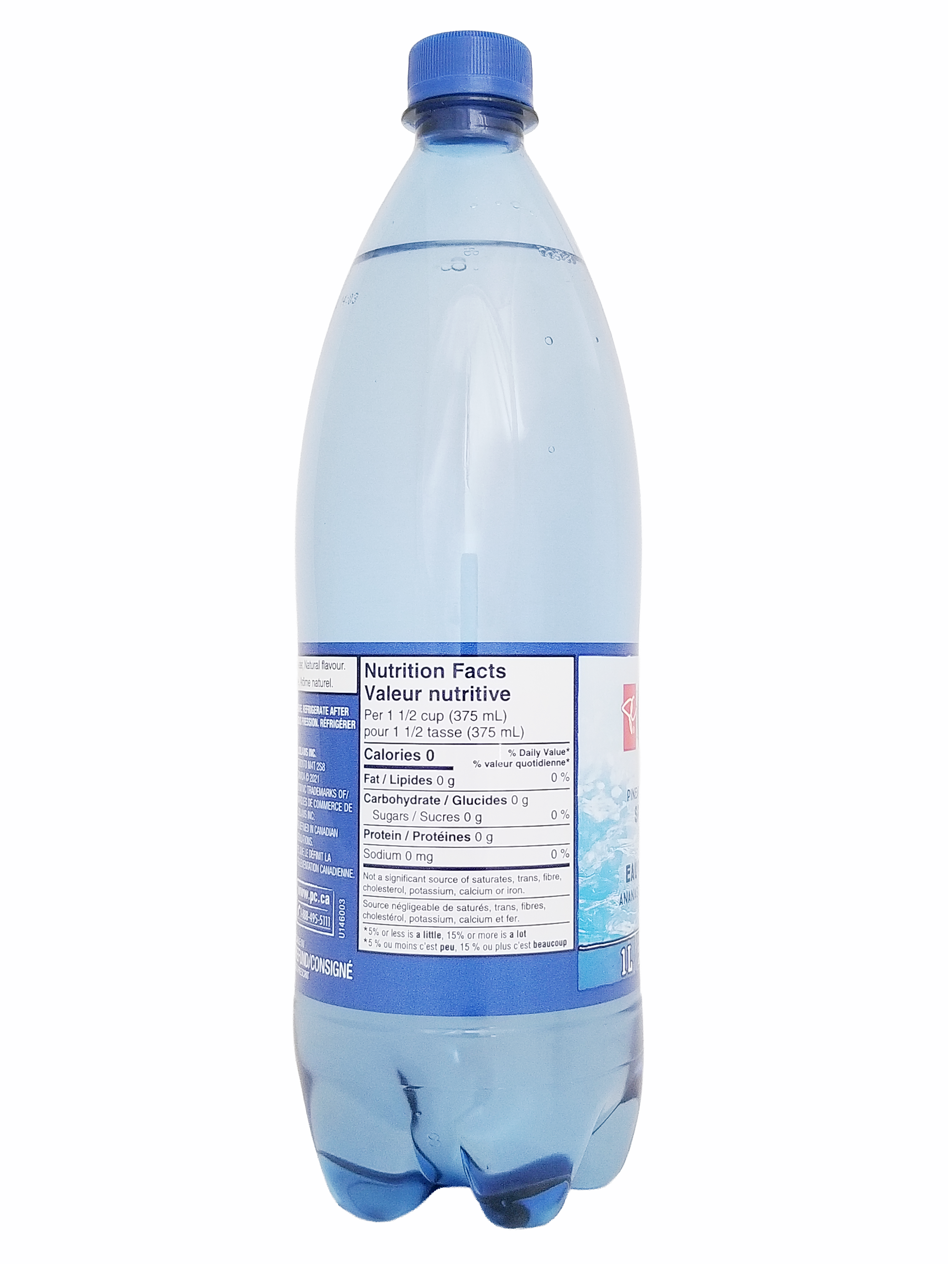 Bottle of PC Blue Menu Pineapple Coconut Flavored Sparkling Water, 1L/35.2 fl oz with a blue cap on a white background