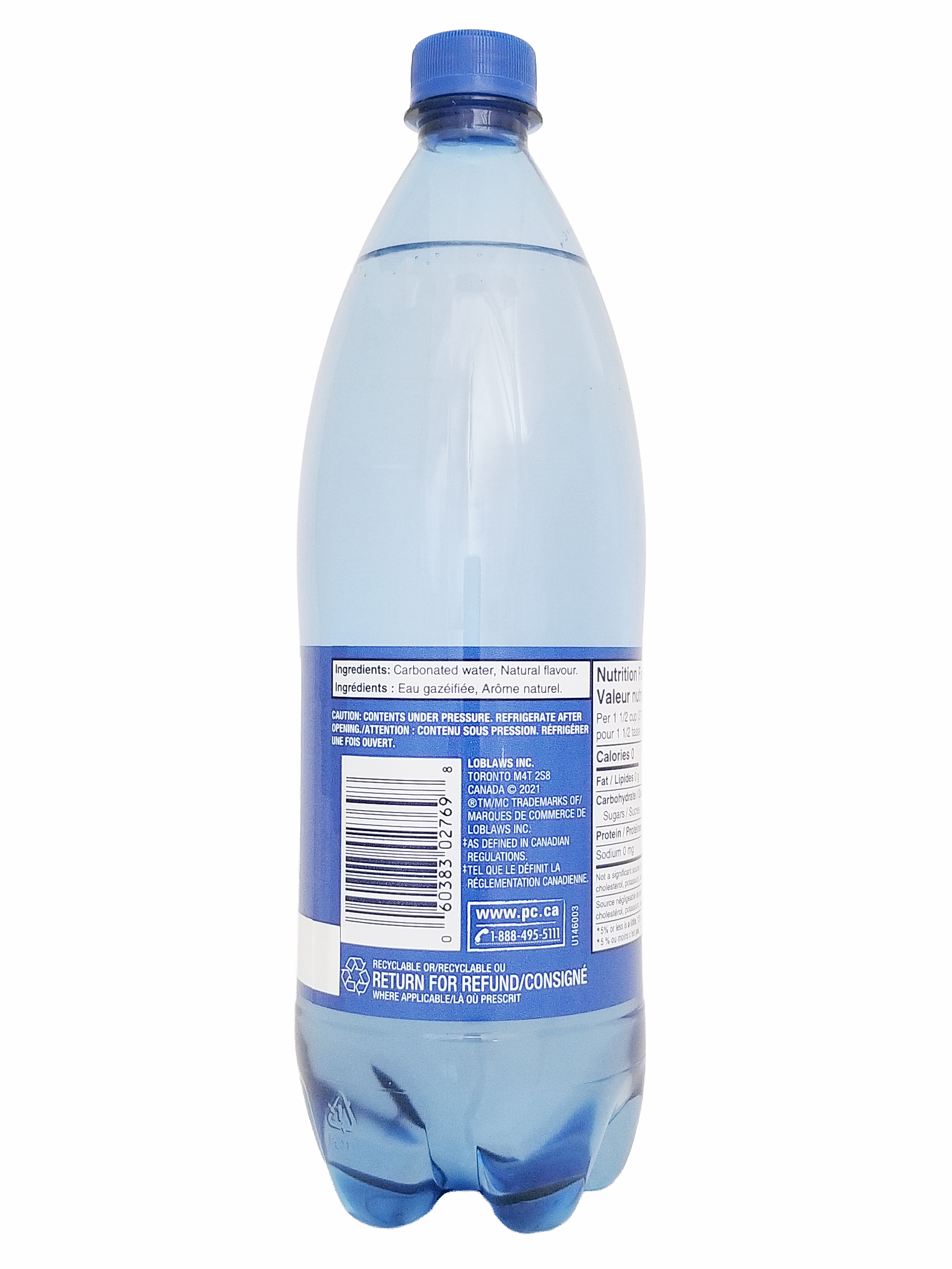 Bottle of PC Blue Menu Pineapple Coconut Flavored Sparkling Water, 1L/35.2 fl oz with blue cap on a white background