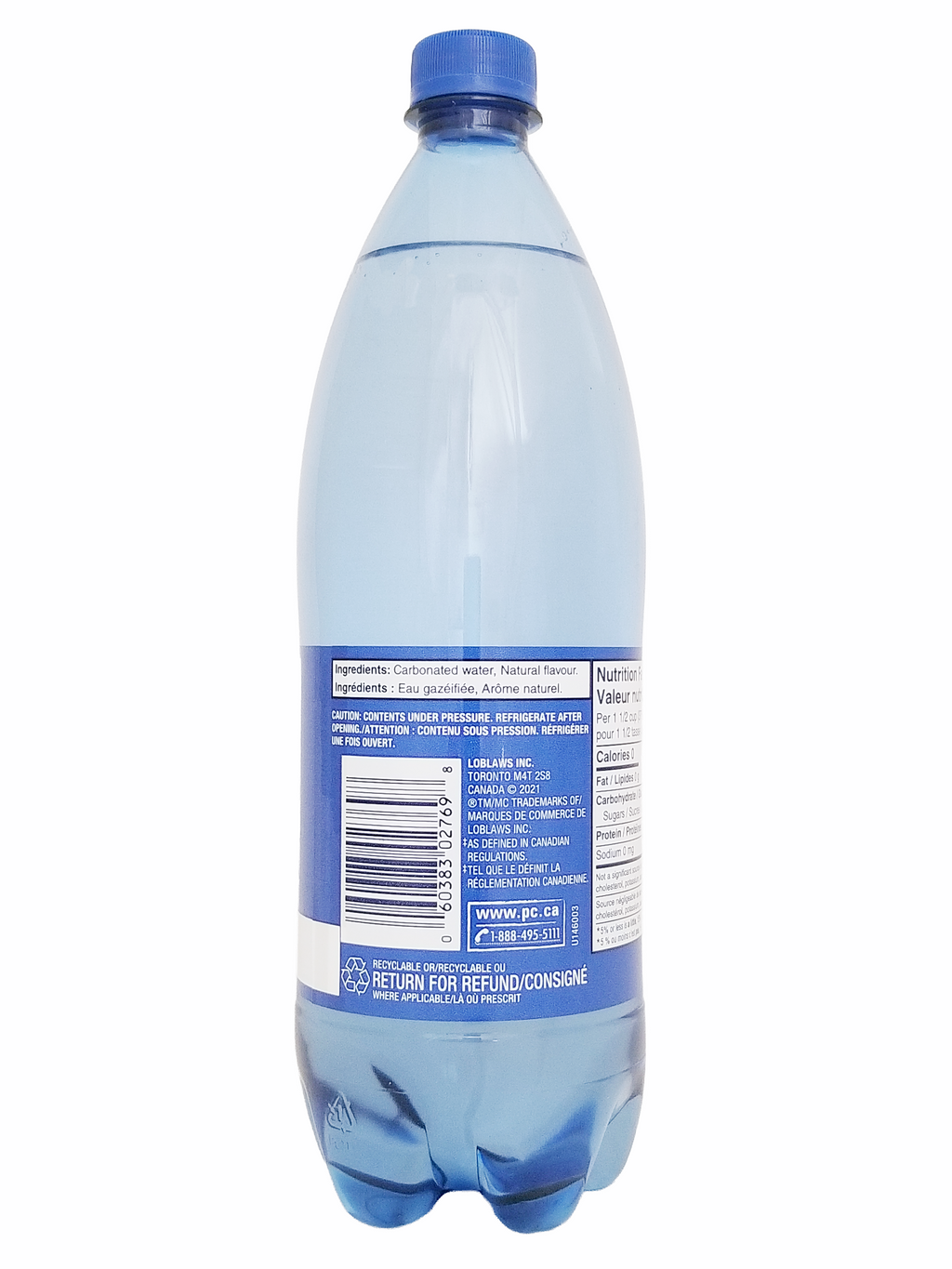 Bottle of PC Blue Menu Pineapple Coconut Flavored Sparkling Water, 1L/35.2 fl oz with blue cap on a white background