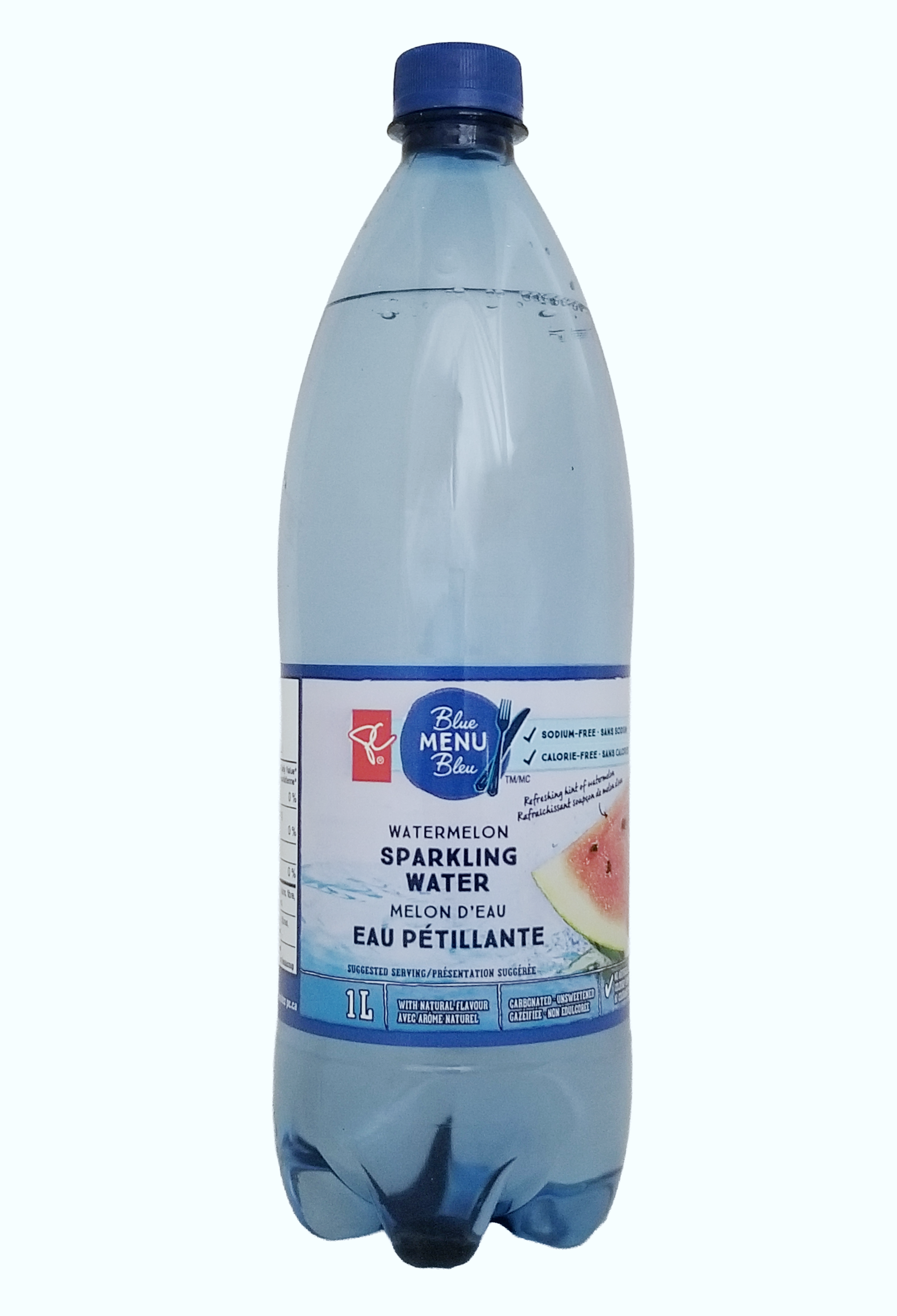 Bottle of PC Blue Menu Watermelon Flavored Sparkling Water, 1L/35.2 fl oz with a blue cap on a white background