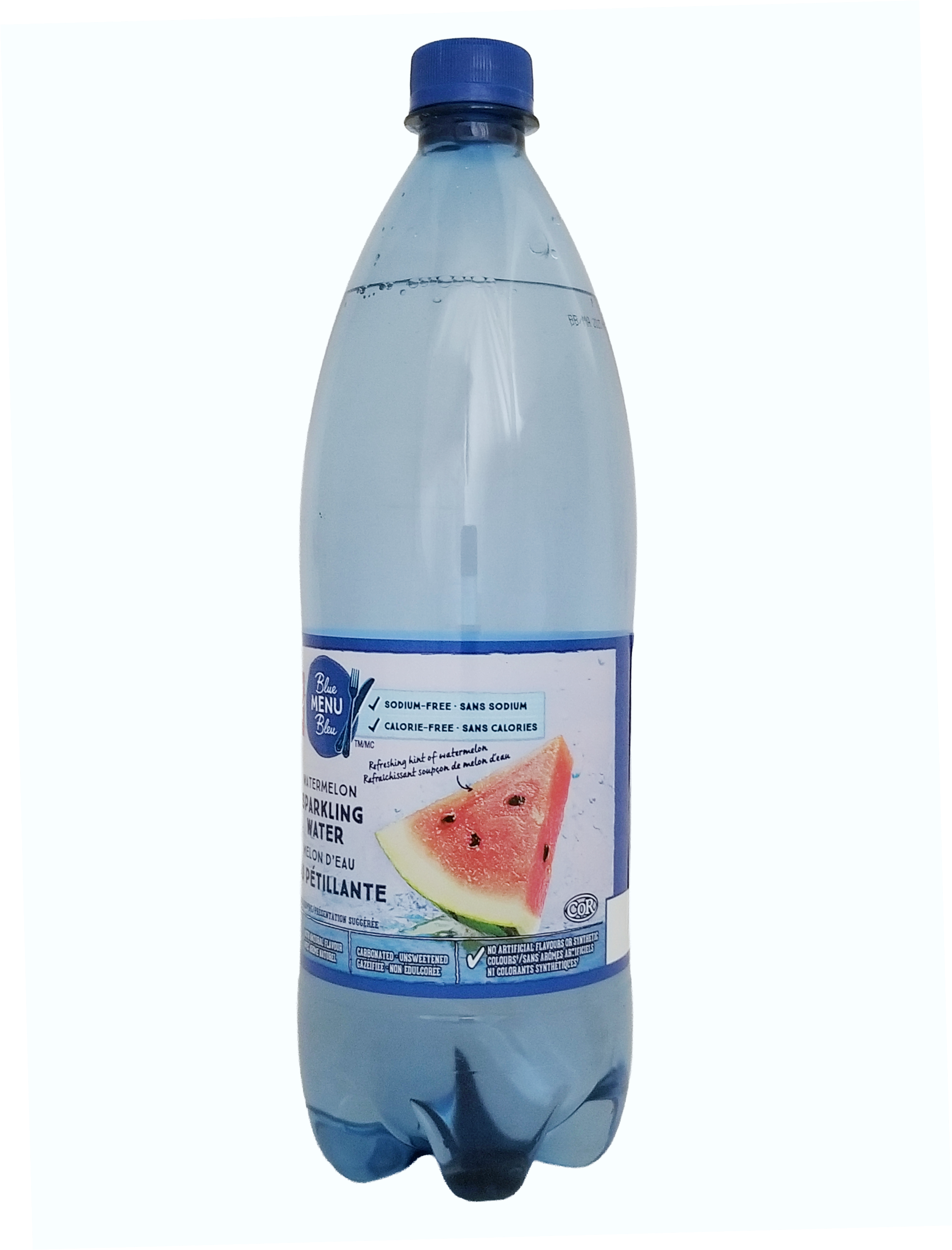Bottle of PC Blue Menu Watermelon Flavored Sparkling Water, 1L/35.2 fl oz on a white background
