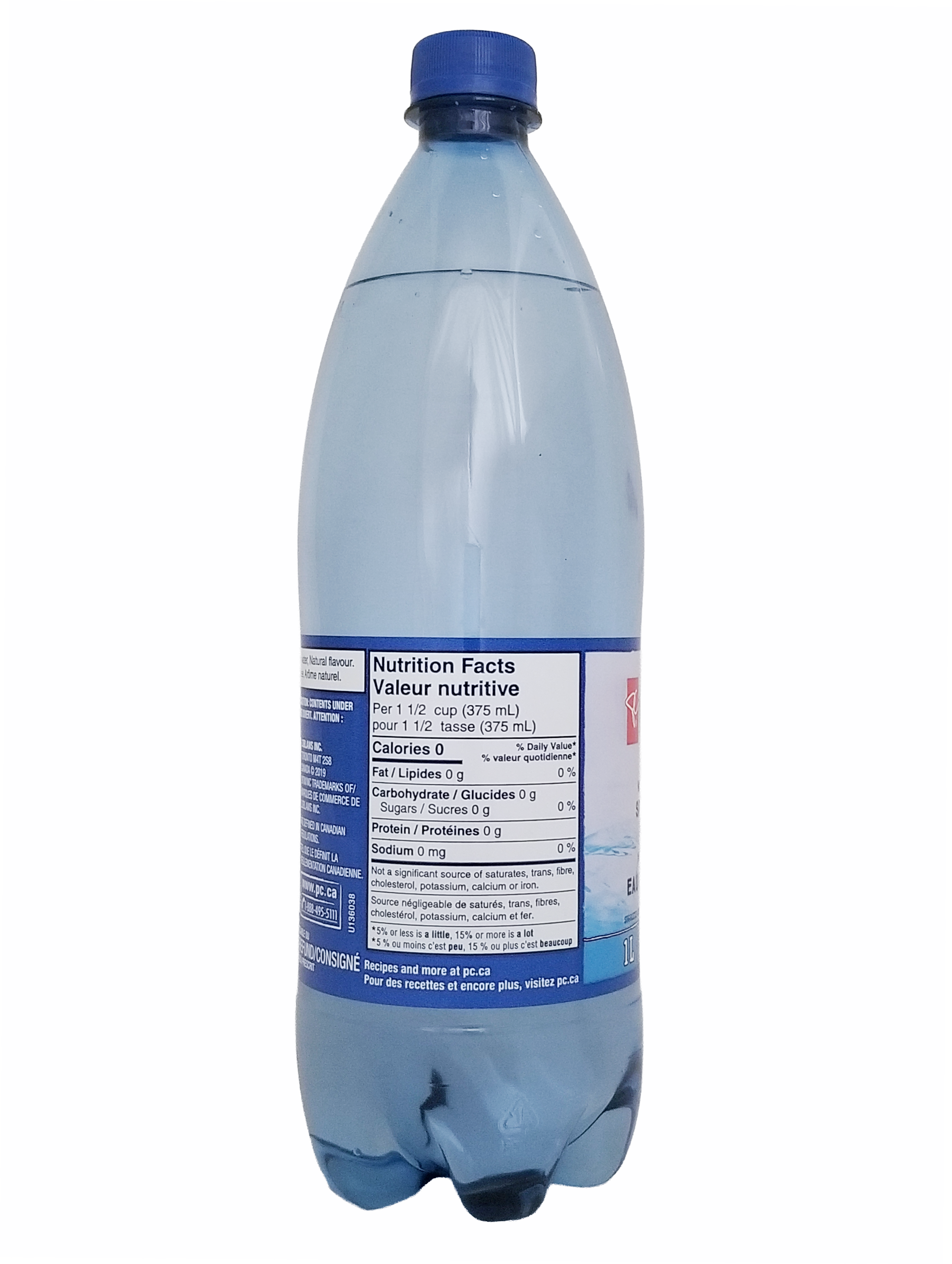 Bottle of PC Blue Menu Watermelon Flavored Sparkling Water, 1L/35.2 fl oz with a blue label on a white background