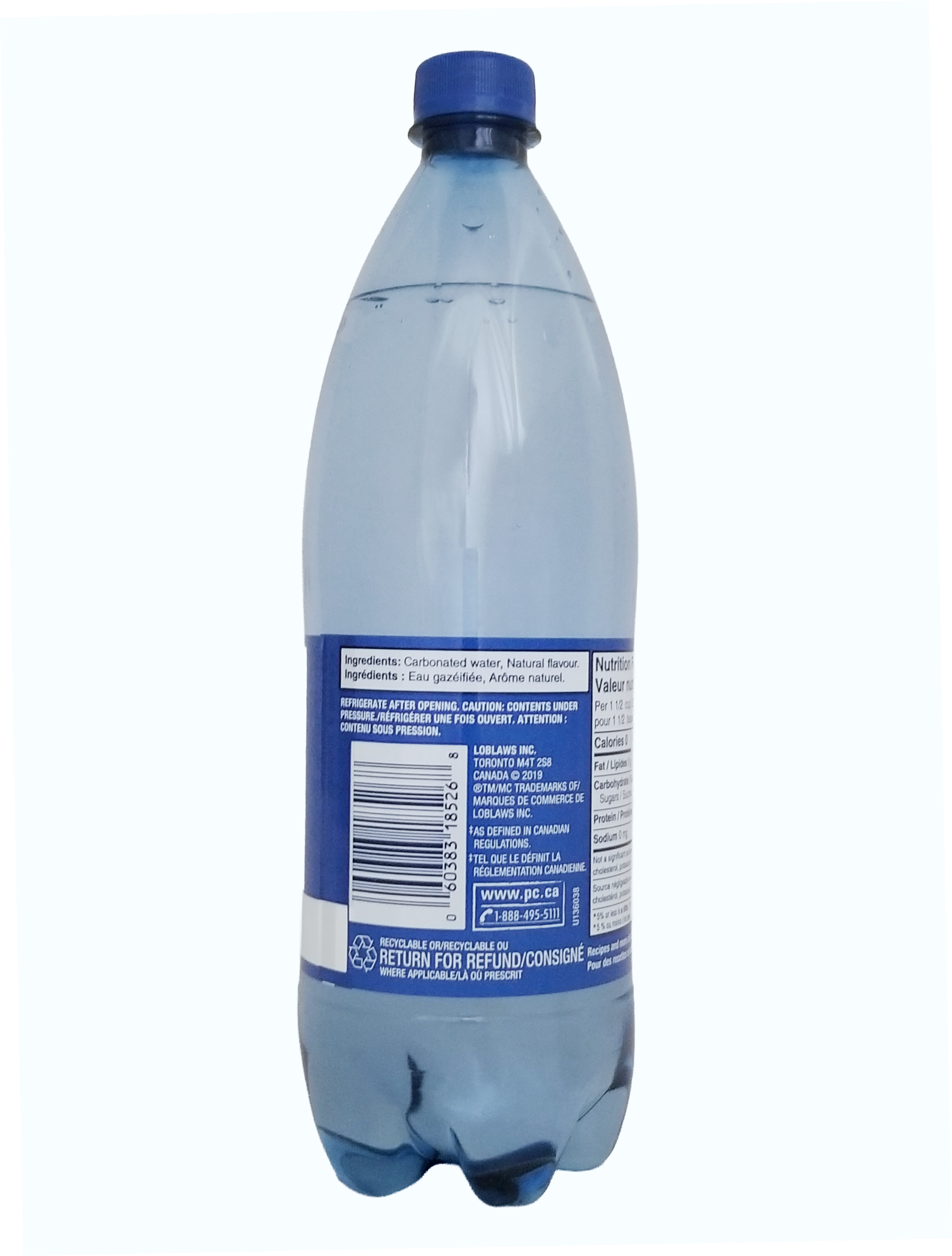 Clear plastic bottle of PC Blue Menu Watermelon Flavored Sparkling Water, 1L/35.2 fl oz with blue cap and label on a white background