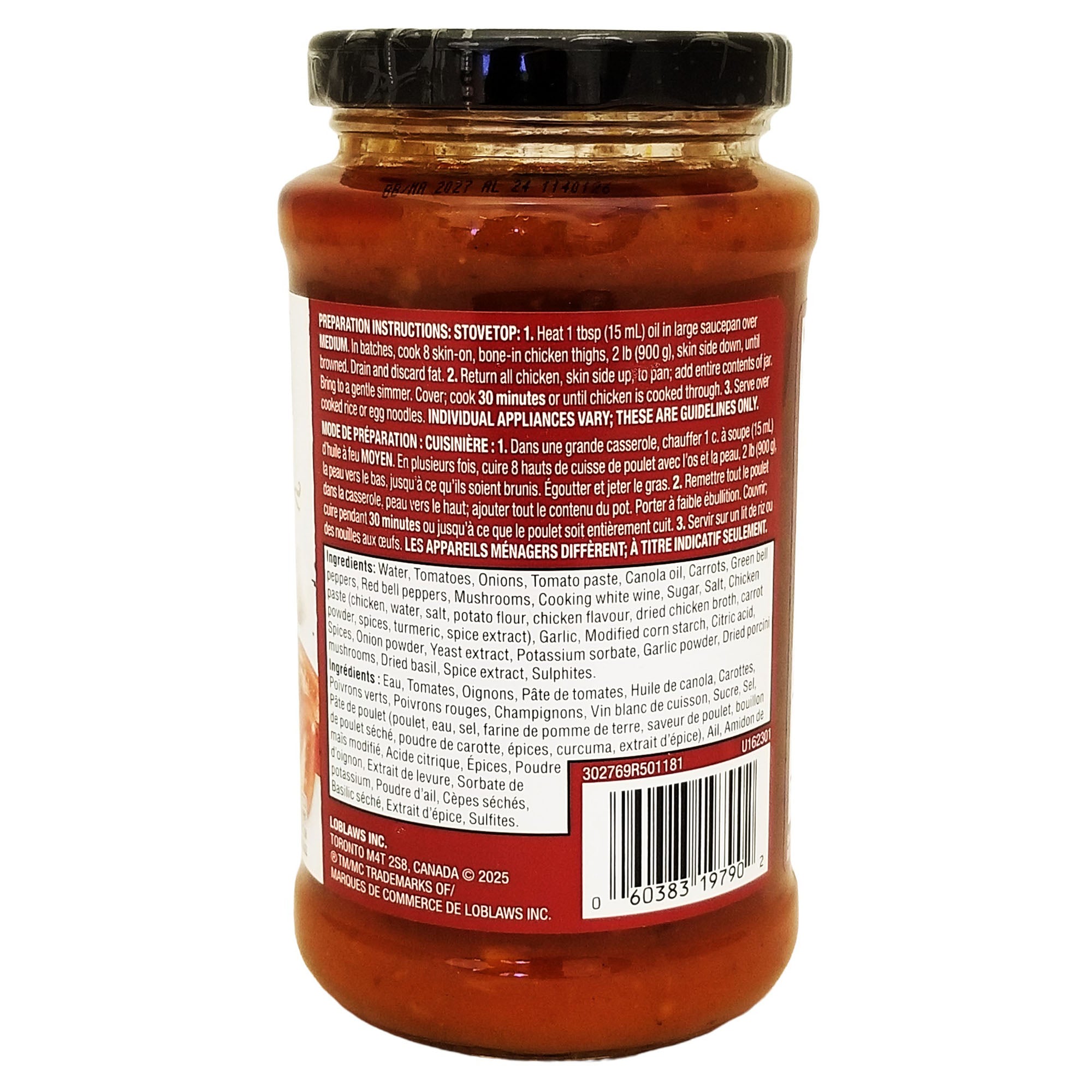 President's Choice Cacciatore Cooking Sauce jar showing stovetop chicken preparation directions, ingredients and barcode.