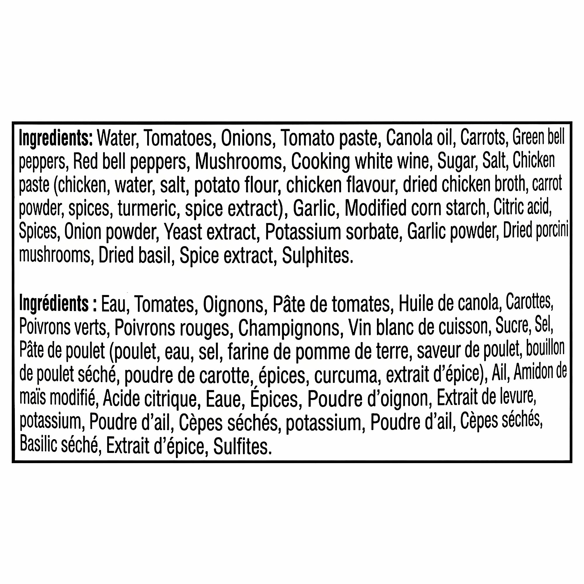 Bilingual ingredient label for President's Choice Cacciatore Cooking Sauce, listing tomatoes, mushrooms, cooking white wine, chicken paste and sulfites.