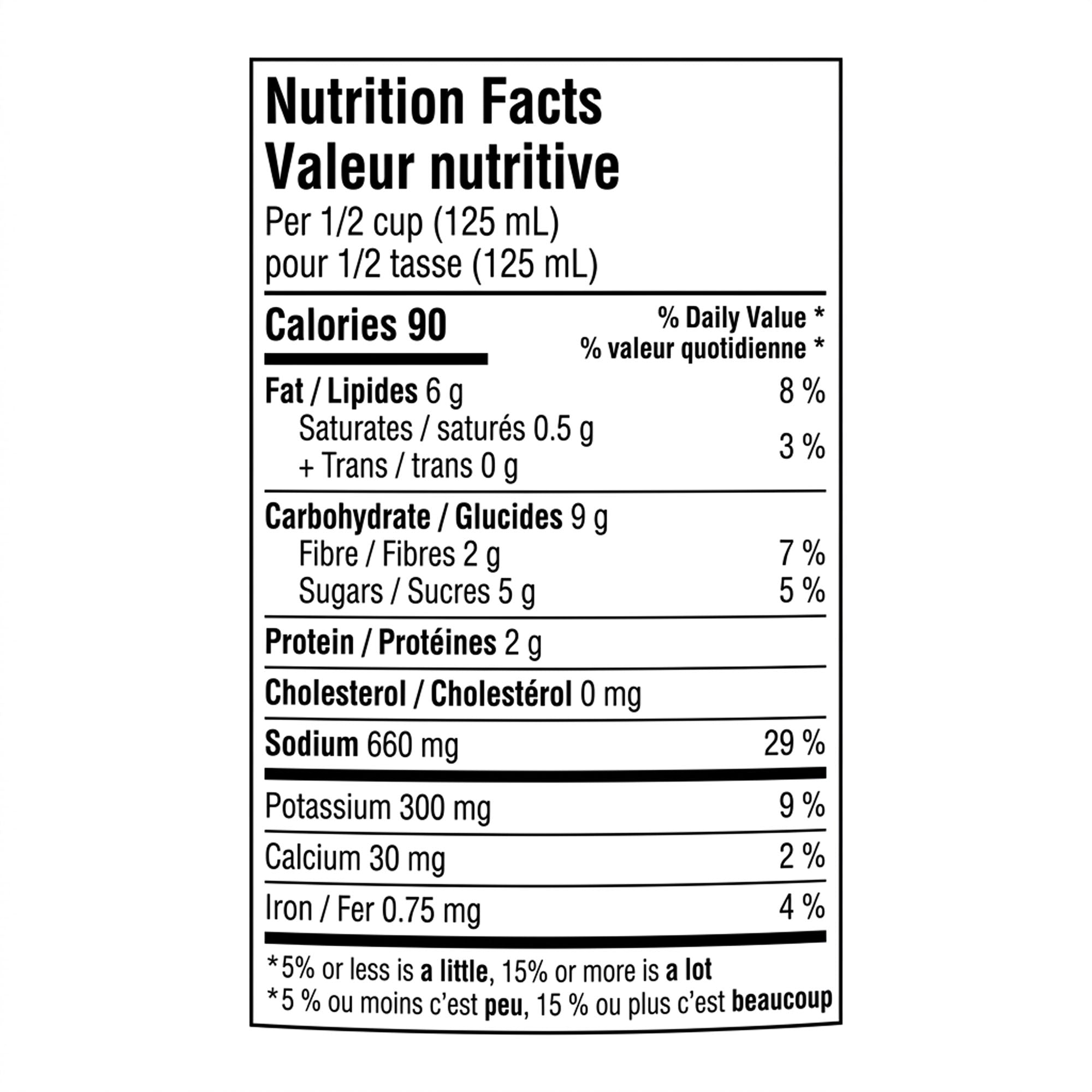 Bilingual nutrition facts for President's Choice Cacciatore Cooking Sauce, showing 90 calories per 125 mL serving.