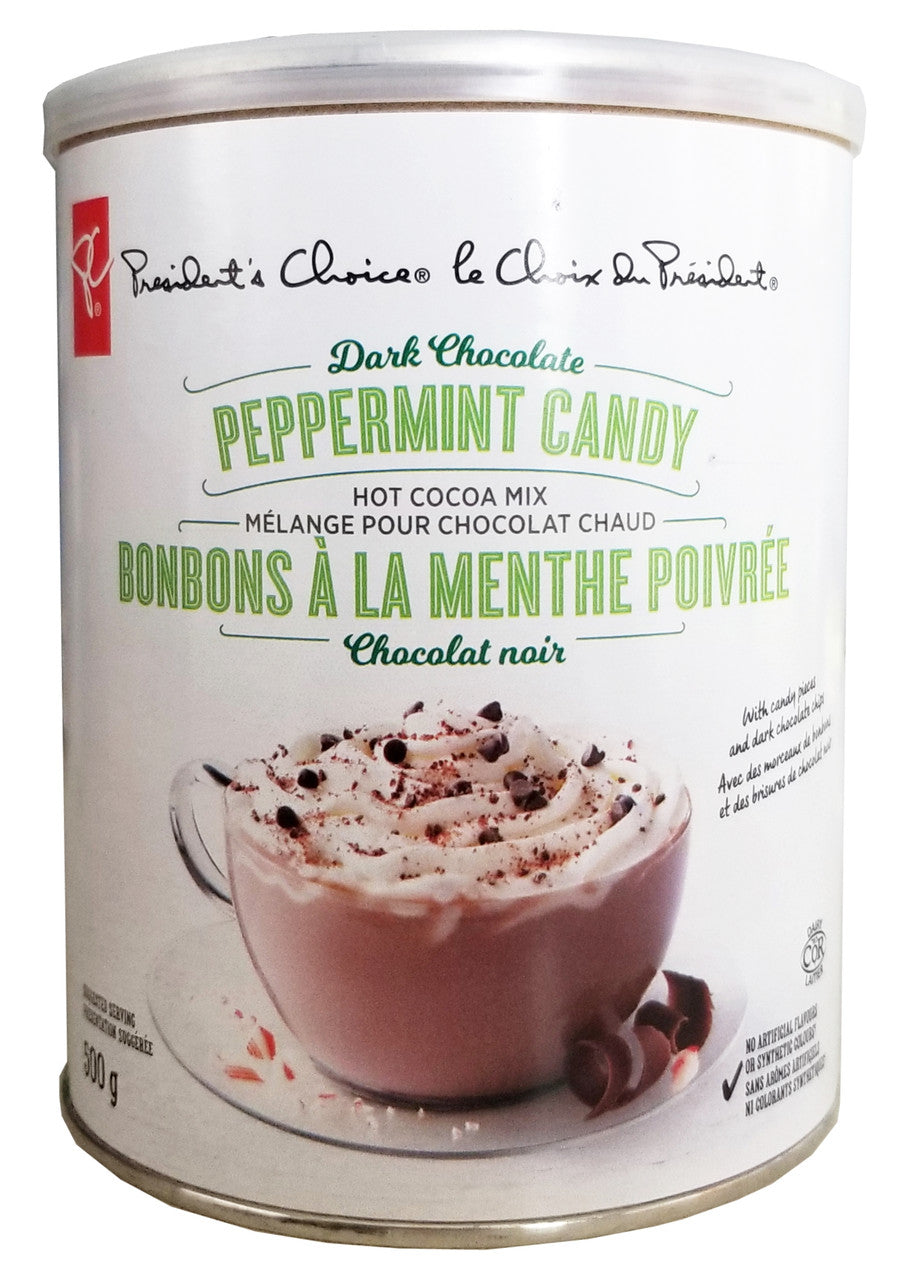 President's Choice Dark Chocolate Peppermint Candy Hot Cocoa Mix, 500g/17.5 oz., Tin {Imported from Canada}