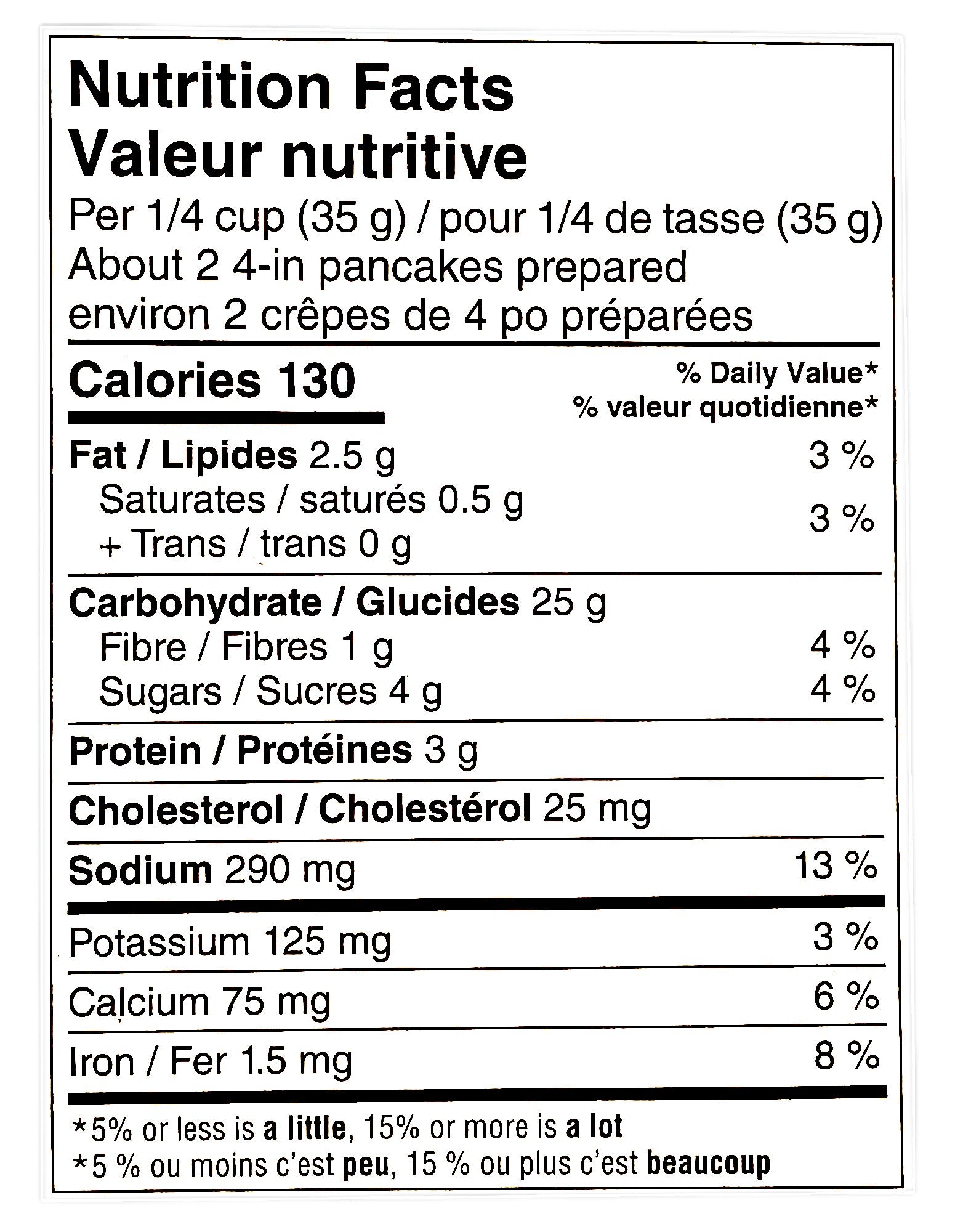 Presidents Choice Extra Fluffy Buttermilk Pancake & Waffle Mix, 905g/2 lb., nutrition facts label.