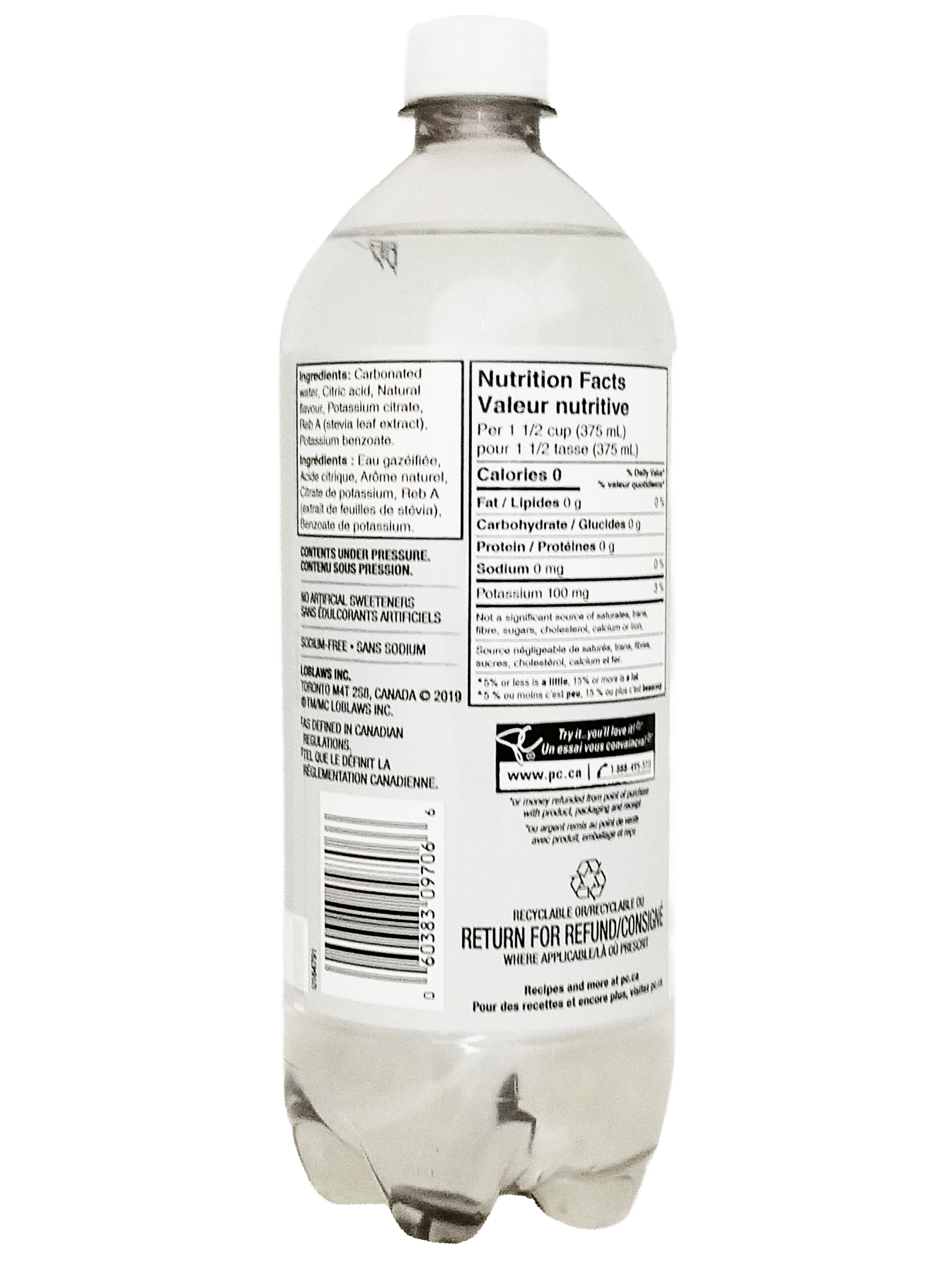 Clear plastic bottle of President's Choice Golden Peach Flavored Sparkling Water, 1L/35.2 fl oz with a nutrition facts label on a white background