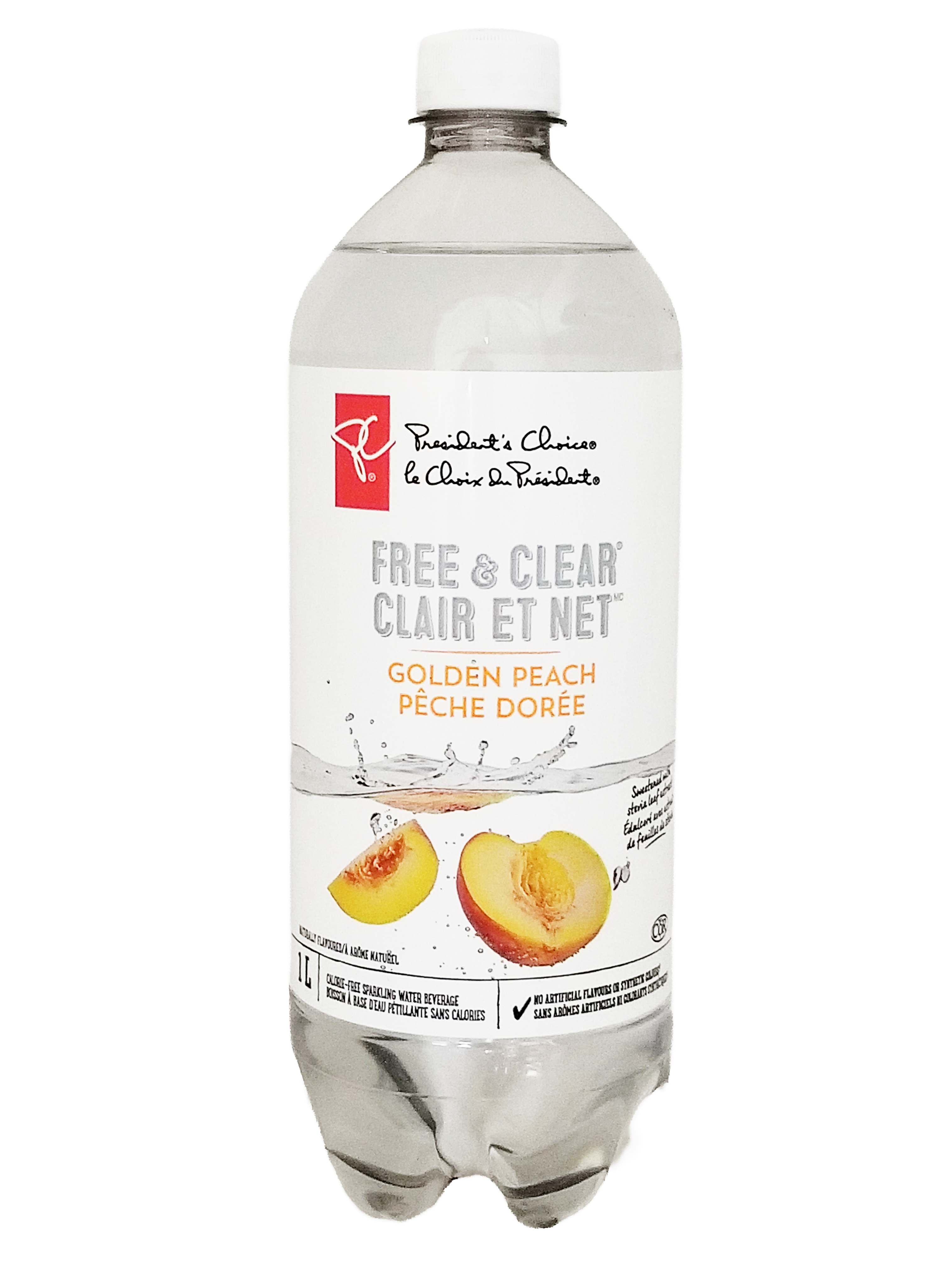 Bottle of President's Choice Golden Peach Flavored Sparkling Water, 1L/35.2 fl oz on a white background