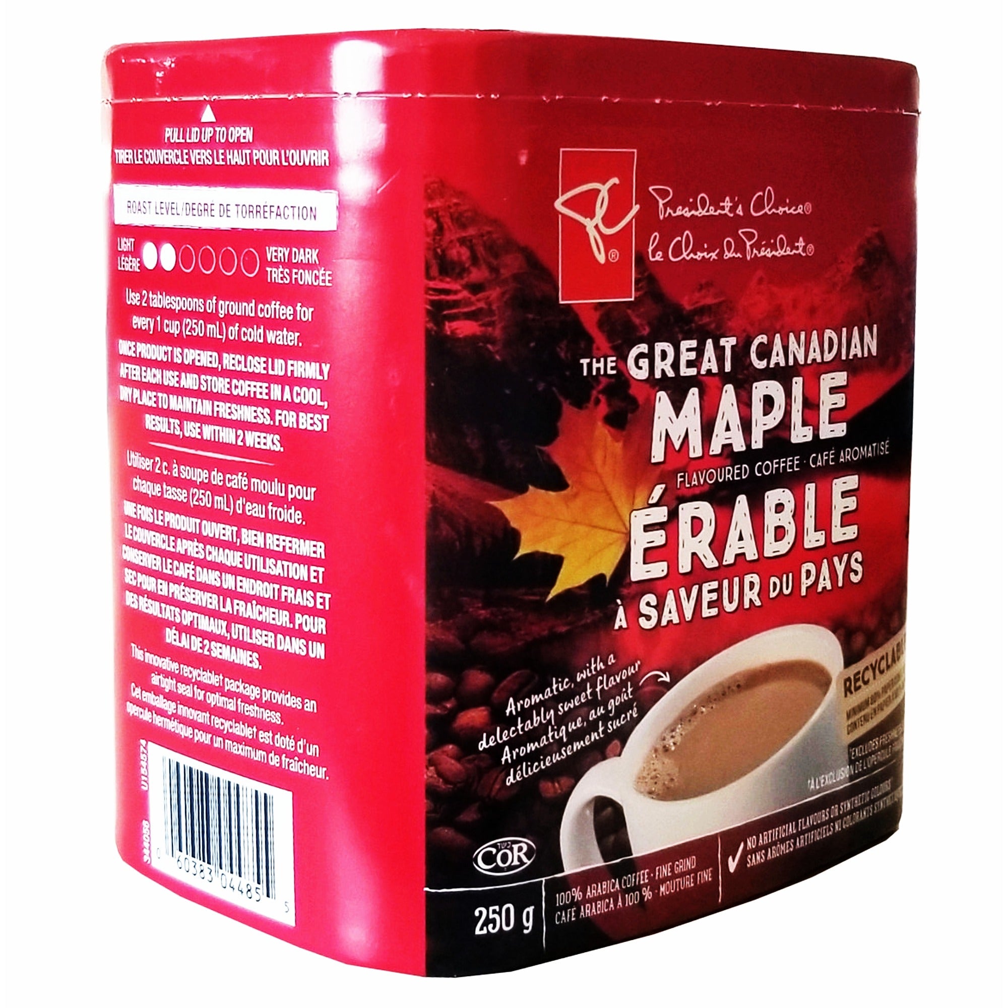 Angled view of President’s Choice Great Canadian Maple ground coffee box