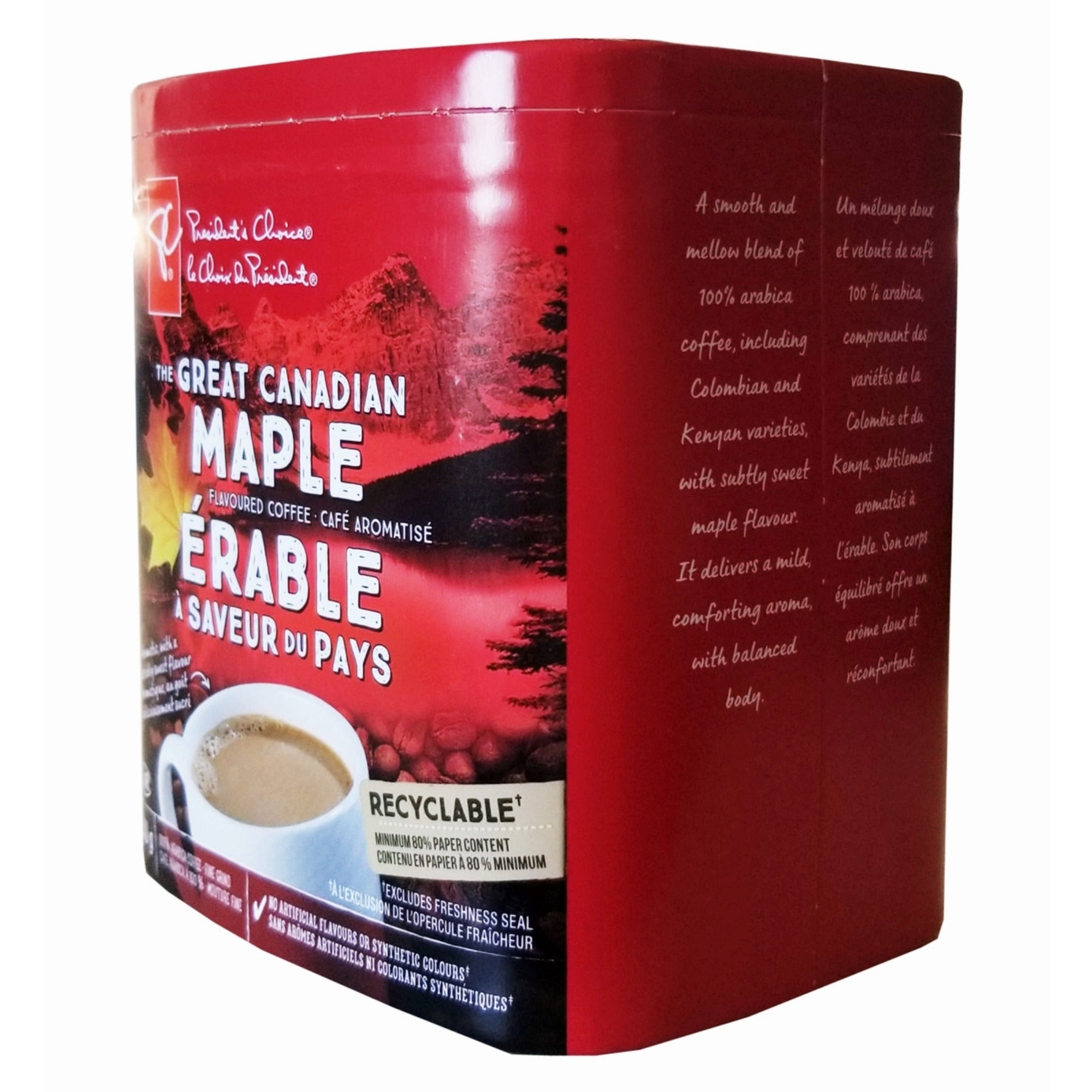 Second angled view of President’s Choice Great Canadian Maple ground coffee box