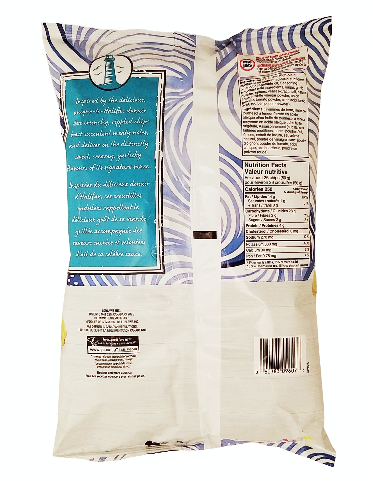 President's Choice Halifax Donair Flavored Potato Chips 200 g back of bag