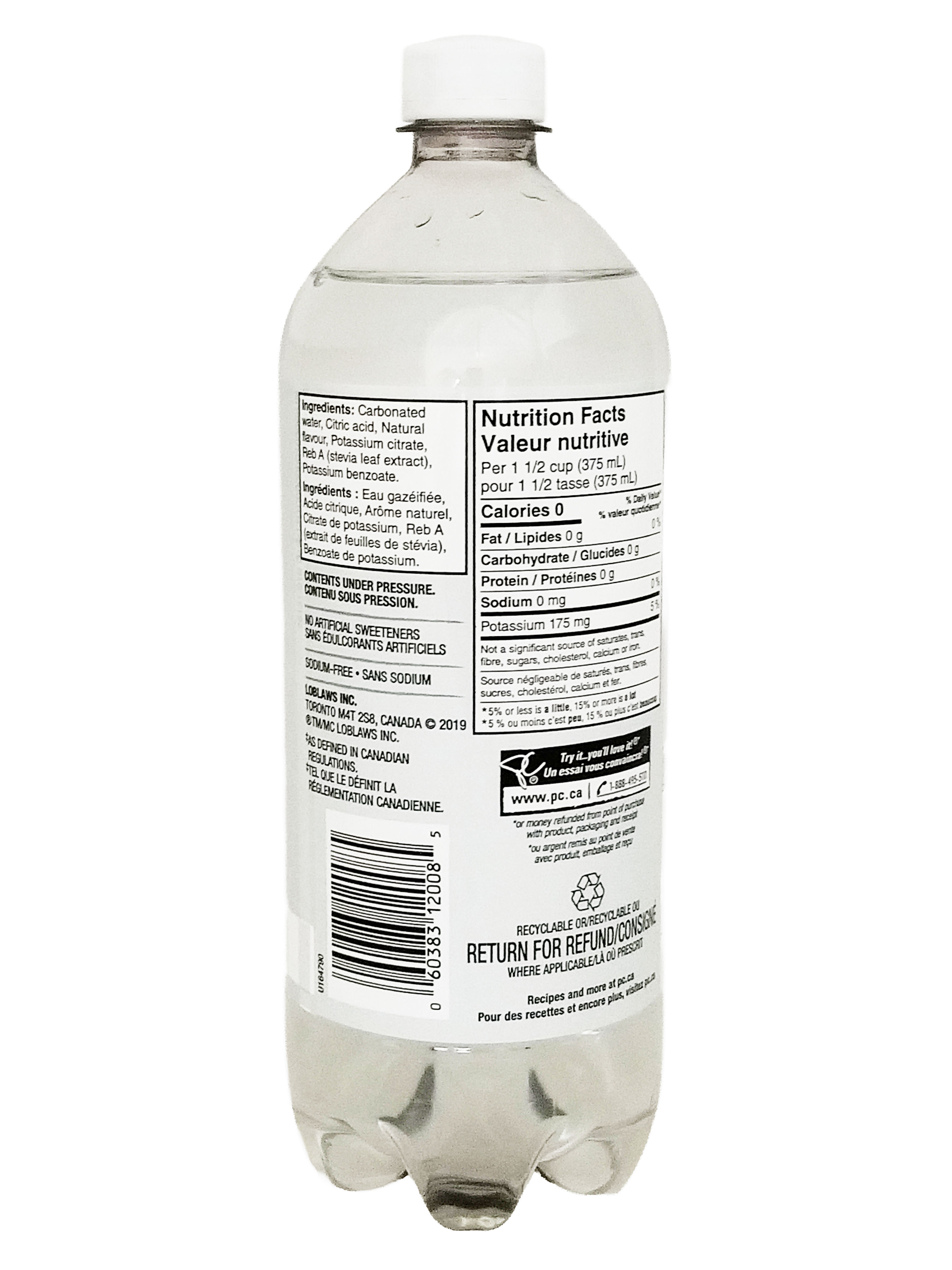 Clear plastic bottle of President's Choice Key Lime Flavored Sparkling Water, 1L/35.2 fl oz with nutrition facts label on a white background