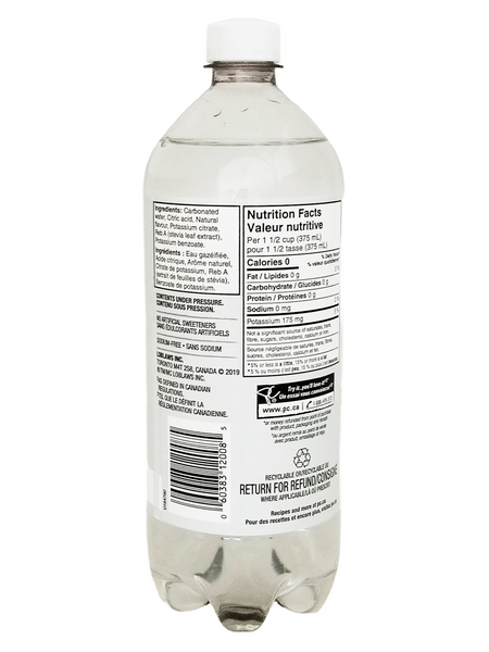 Clear plastic bottle of President's Choice Key Lime Flavored Sparkling Water, 1L/35.2 fl oz with nutrition facts label on a white background
