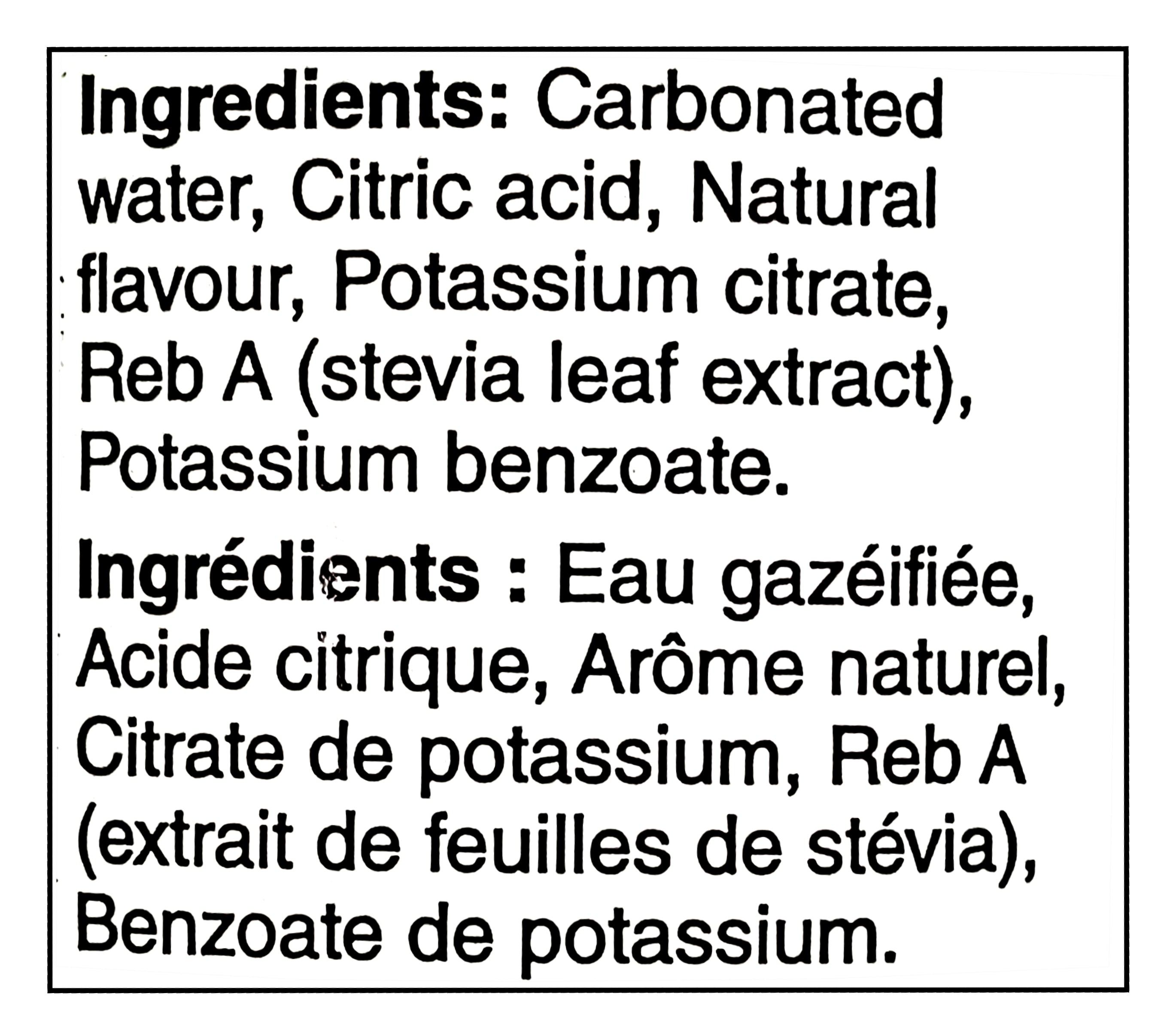 List of ingredients for President's Choice Key Lime Flavored Sparkling Water, 1L/35.2 fl oz with English and French translations.