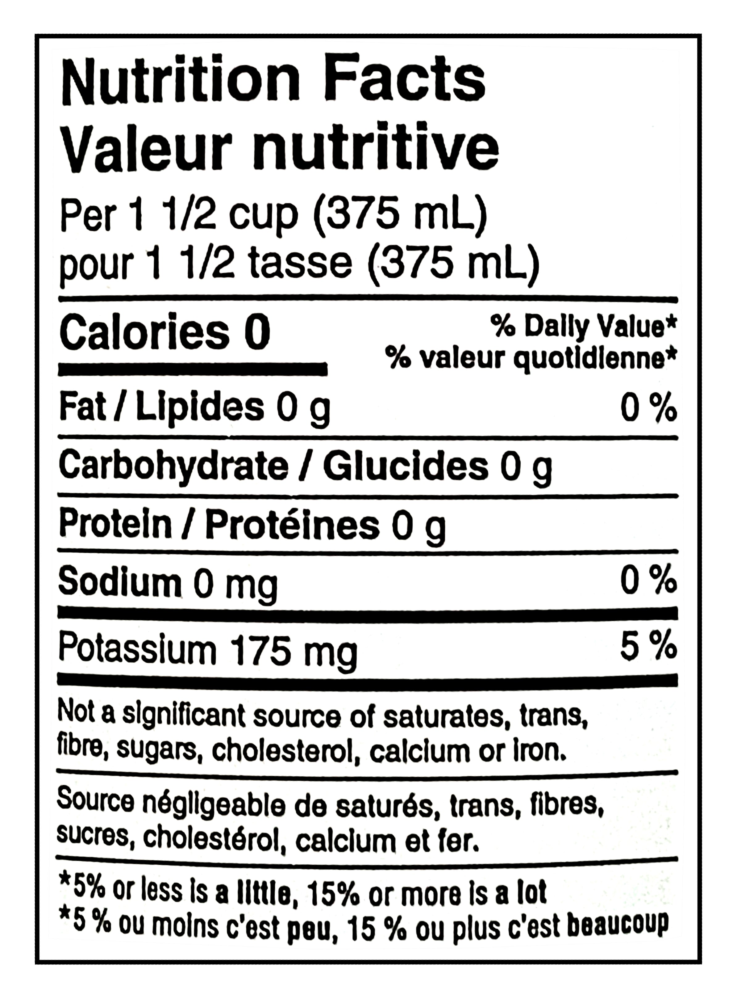 Nutrition facts label for President's Choice Key Lime Flavored Sparkling Water, 1L/35.2 fl oz with 0 calories, 0 fat, 0 carbs, 0 protein, and 175 mg of potassium per 1.5 cup serving.