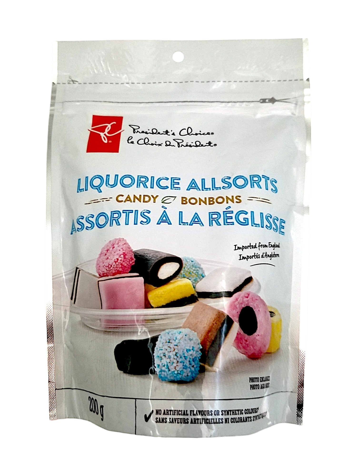 Presidents Choice Liquorice Allsorts Gummy Candy, 200g/7 oz., Bag, front of bag.