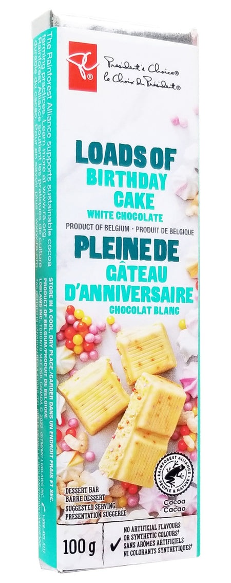 President's Choice Loads of Birthday Cake White Chocolate Bar, 100g/3.5 oz. (Imported from Canada)