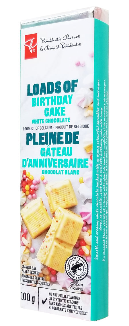 President's Choice Loads of Birthday Cake White Chocolate Bar, 100g/3.5 oz. (Imported from Canada)